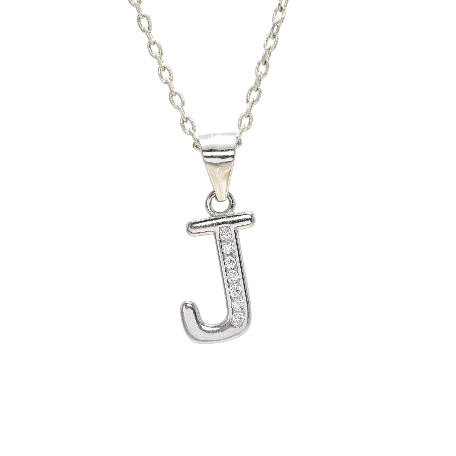 925 Sterling Silver J Alphabet Pendant with Sparkling CZ Rhodium Plated