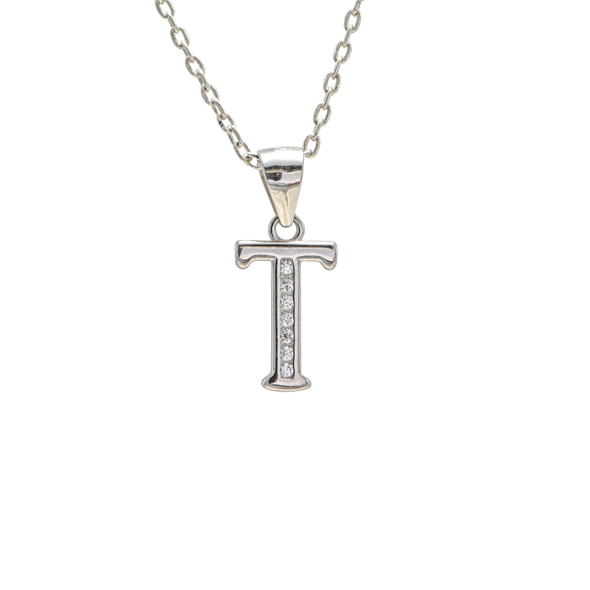 925 Sterling Silver T Letter Necklace CZ Initial Pendant Rhodium Finish