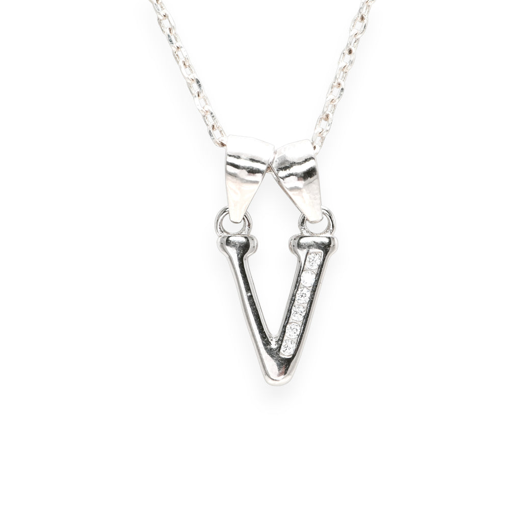 925 Silver V Initial Necklace – Cubic Zirconia & Rhodium Finish