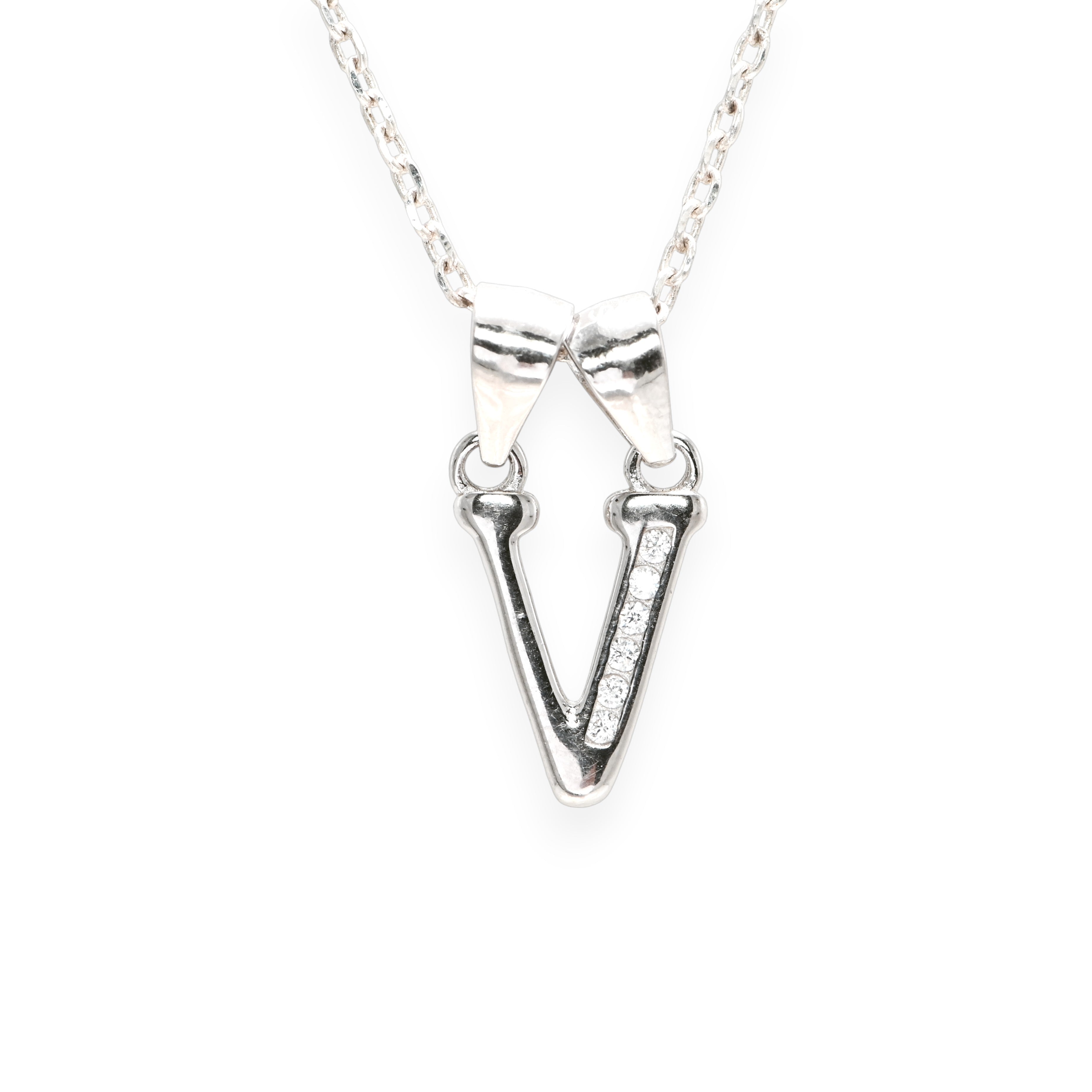 925 Silver V Initial Necklace – Cubic Zirconia & Rhodium Finish
