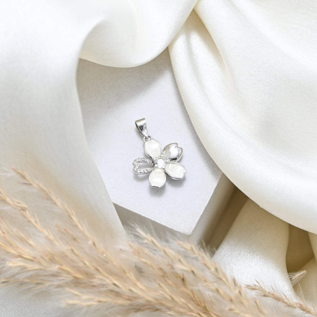 925 Sterling Silver Rhodium Plated Round Necklace with Brilliant CZ and Mother of Pearl