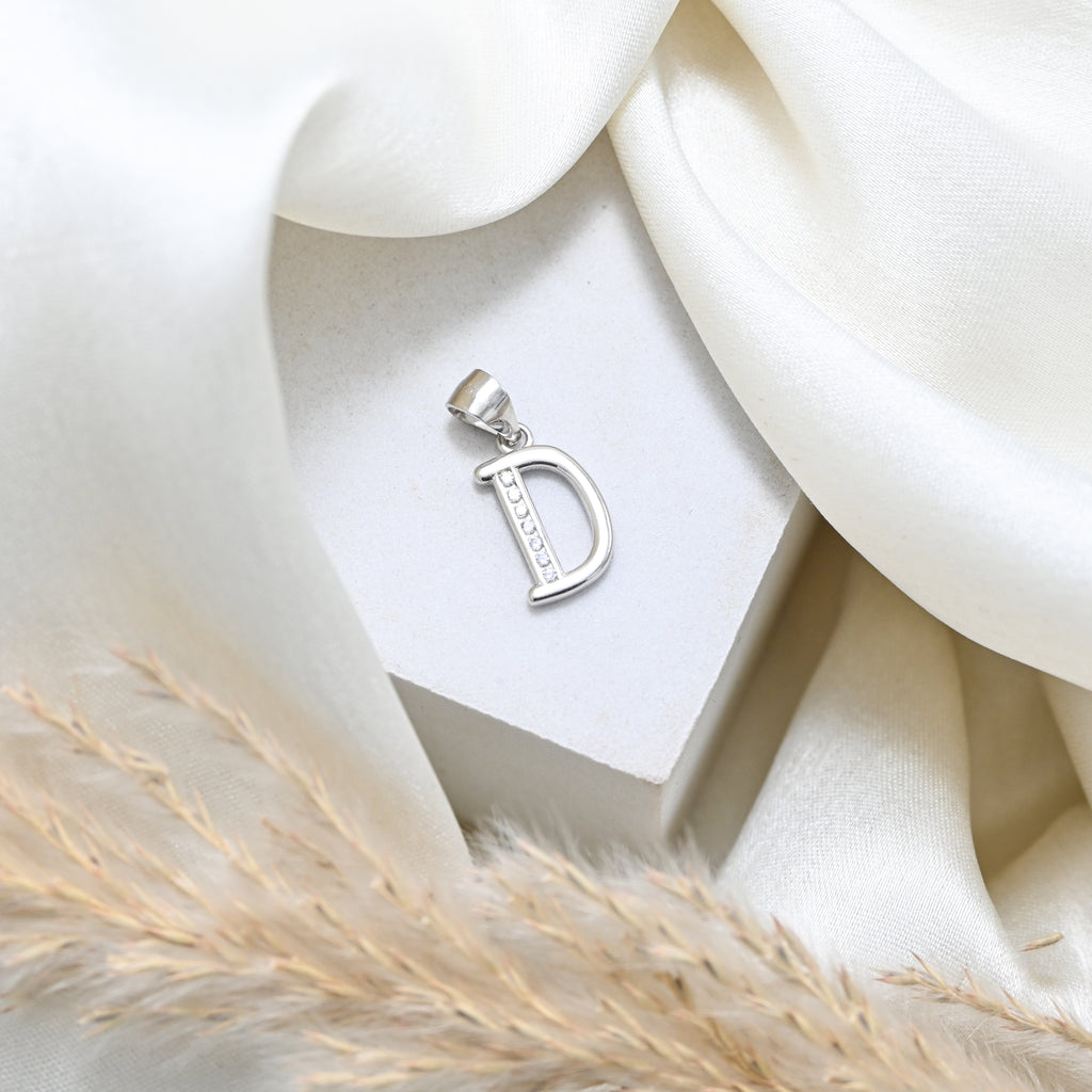 925 Sterling Silver CZ D Letter Pendant Necklace – Rhodium Finish