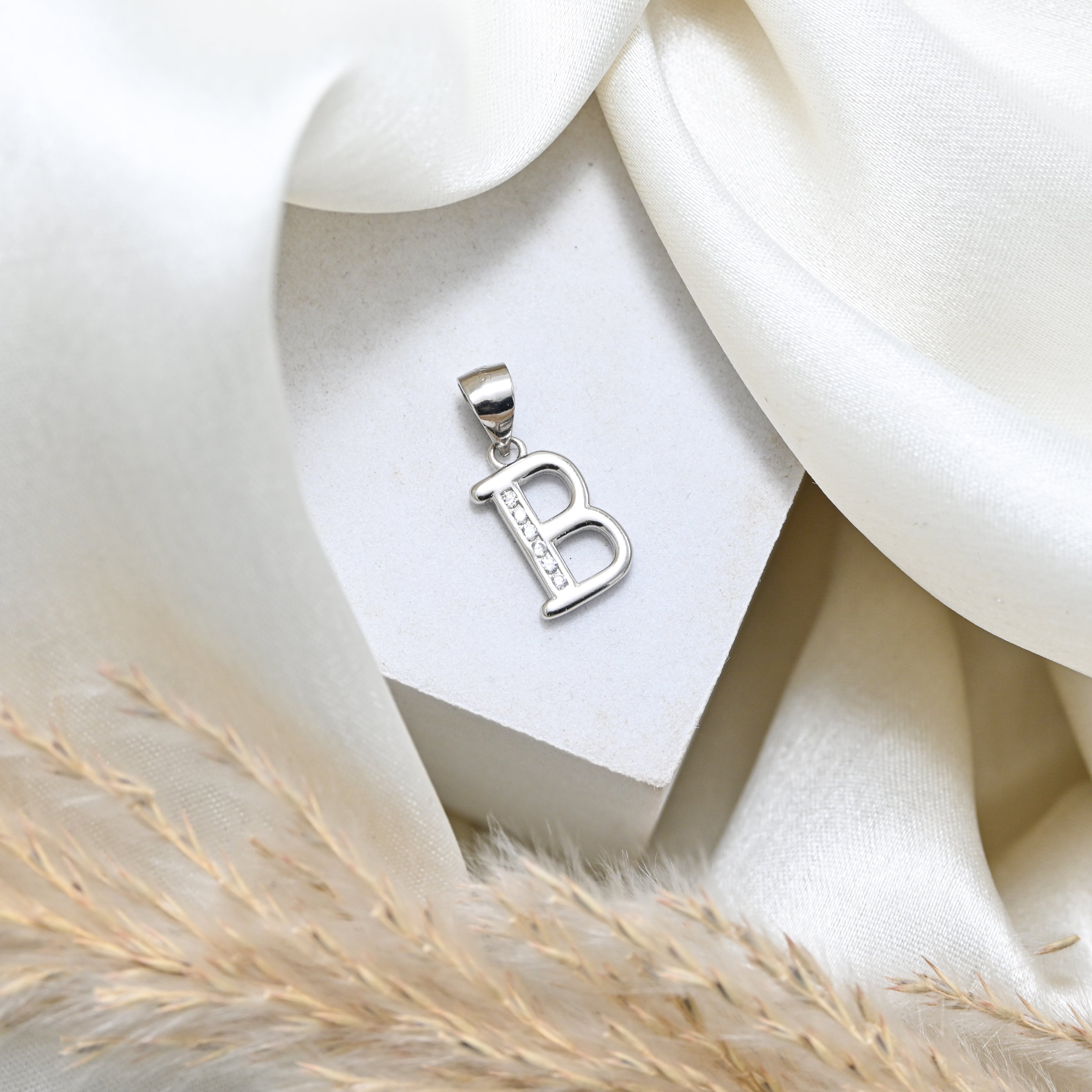 Sterling Silver B Initial Pendant Necklace with Round Brilliant CZ, Rhodium Plated