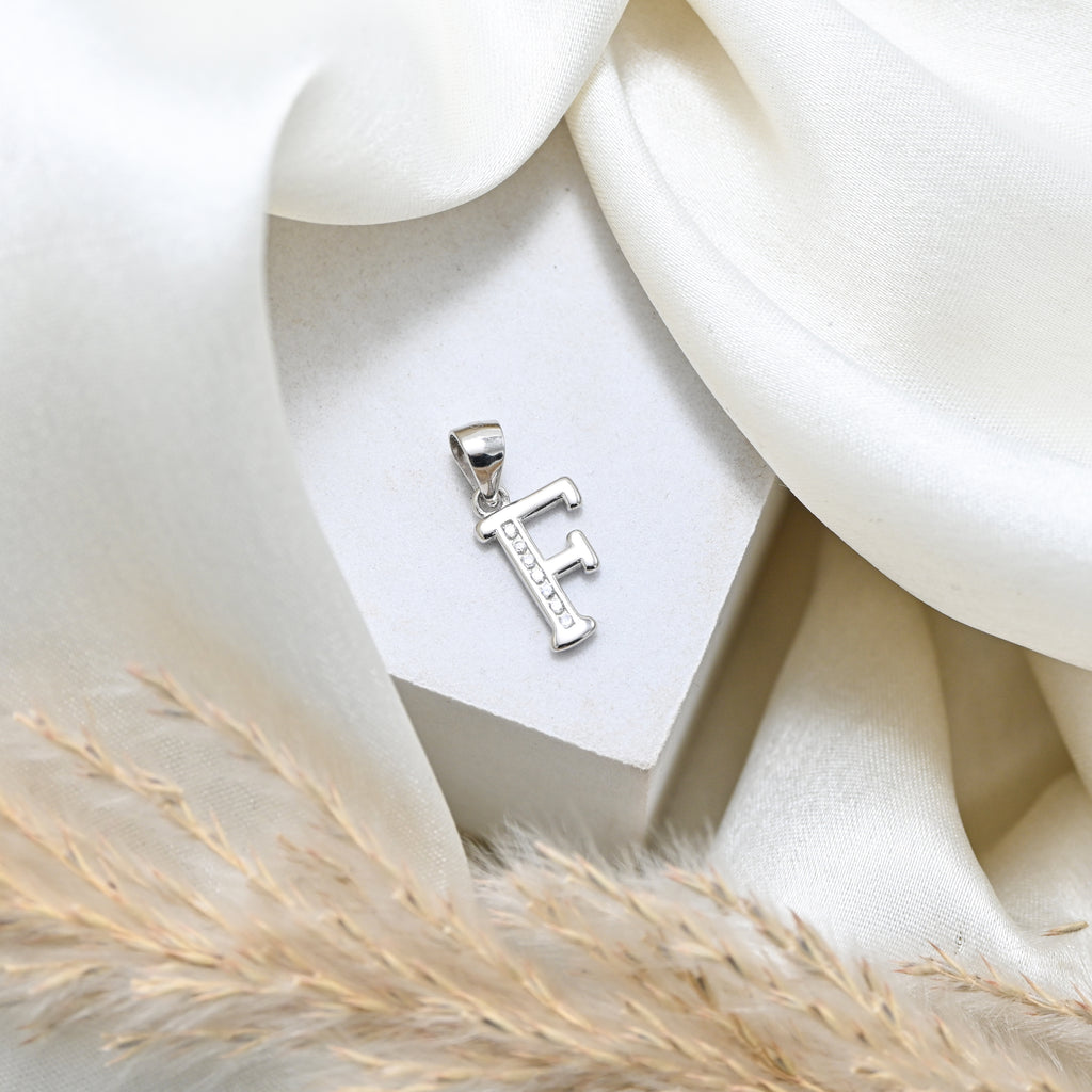 925 Sterling Silver Rhodium-Plated F Letter Pendant with Round Brilliant Cubic Zirconia