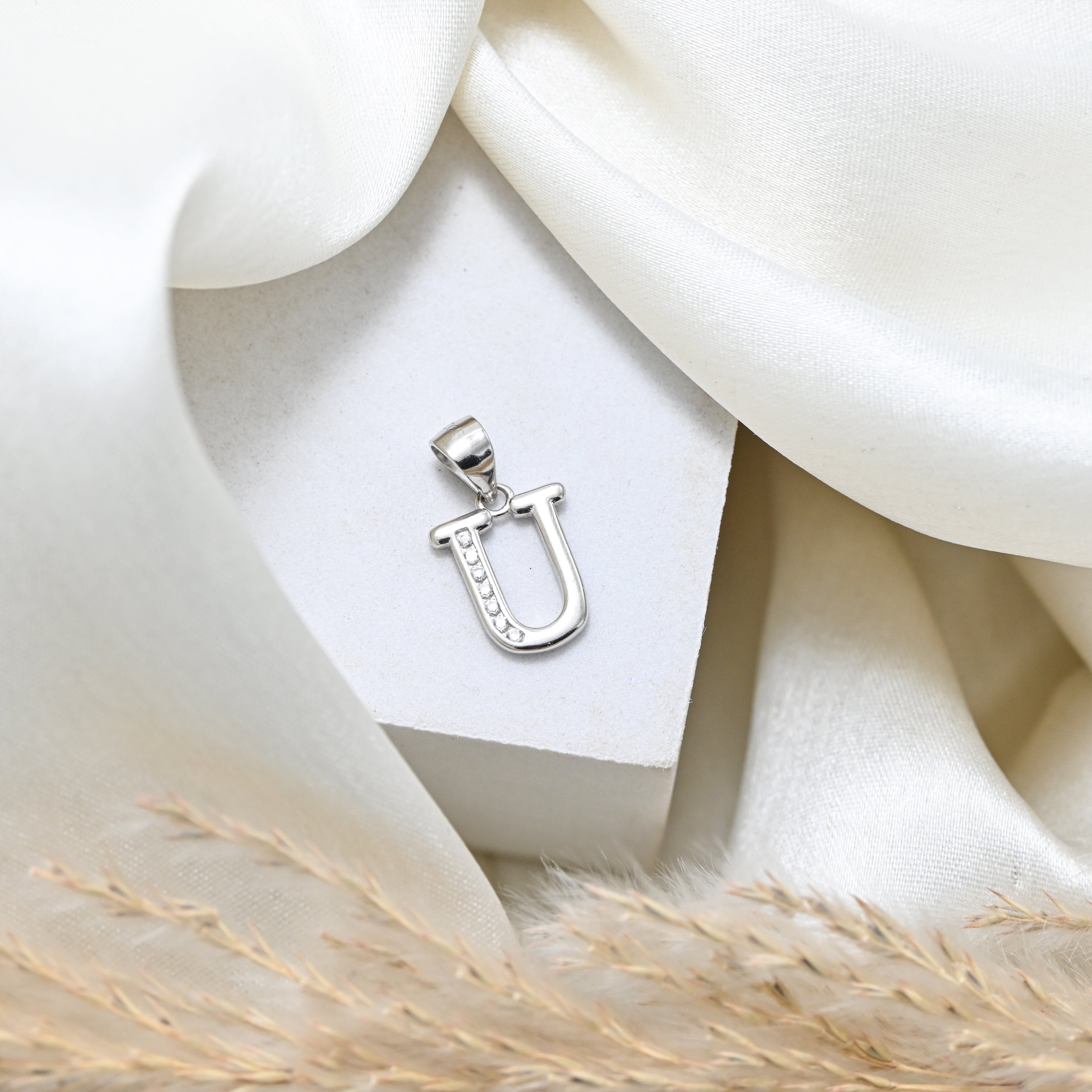 925 Sterling Silver CZ U Letter Pendant Necklace – Rhodium Finish