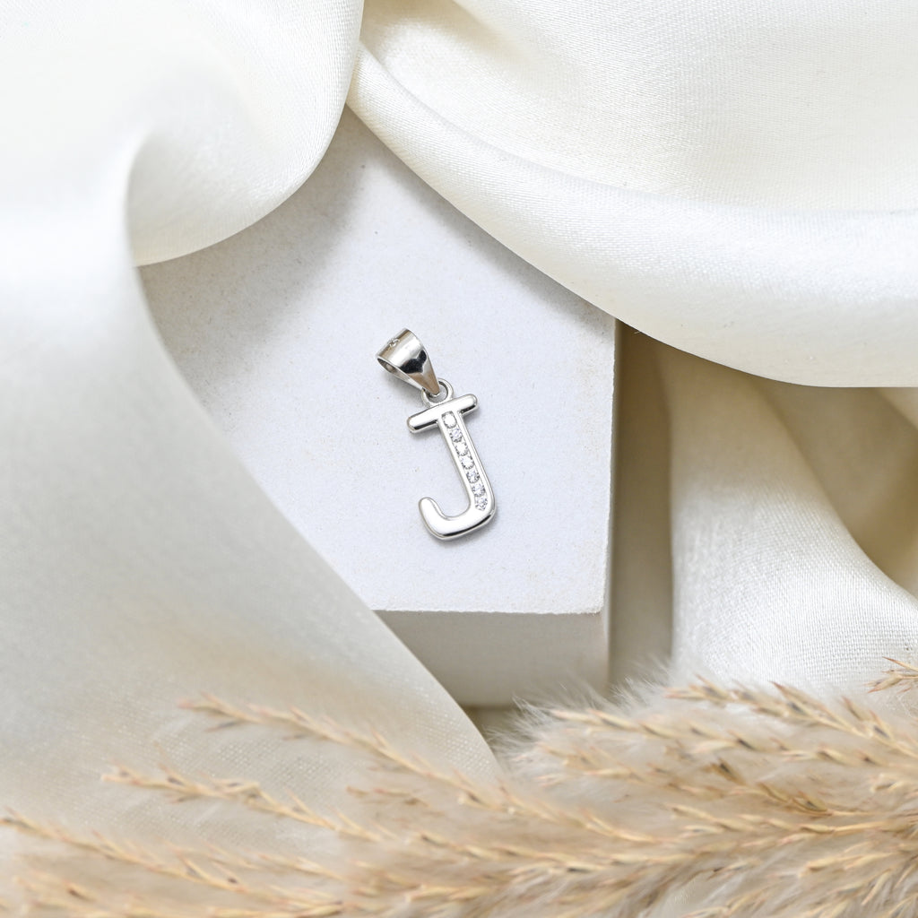 925 Sterling Silver J Alphabet Pendant with Sparkling CZ Rhodium Plated