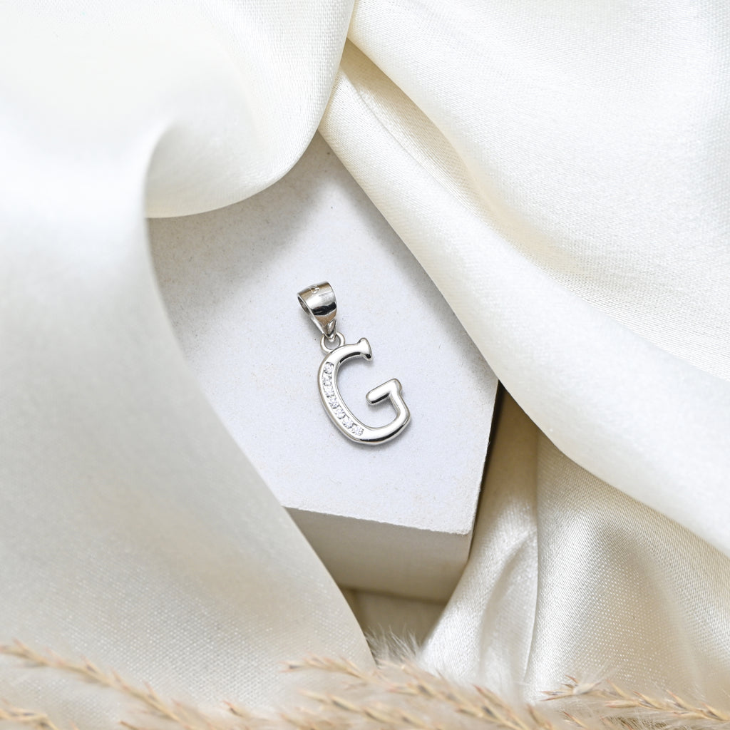 Sterling Silver G Letter Necklace with Round Brilliant Cubic Zirconia, Rhodium Finish