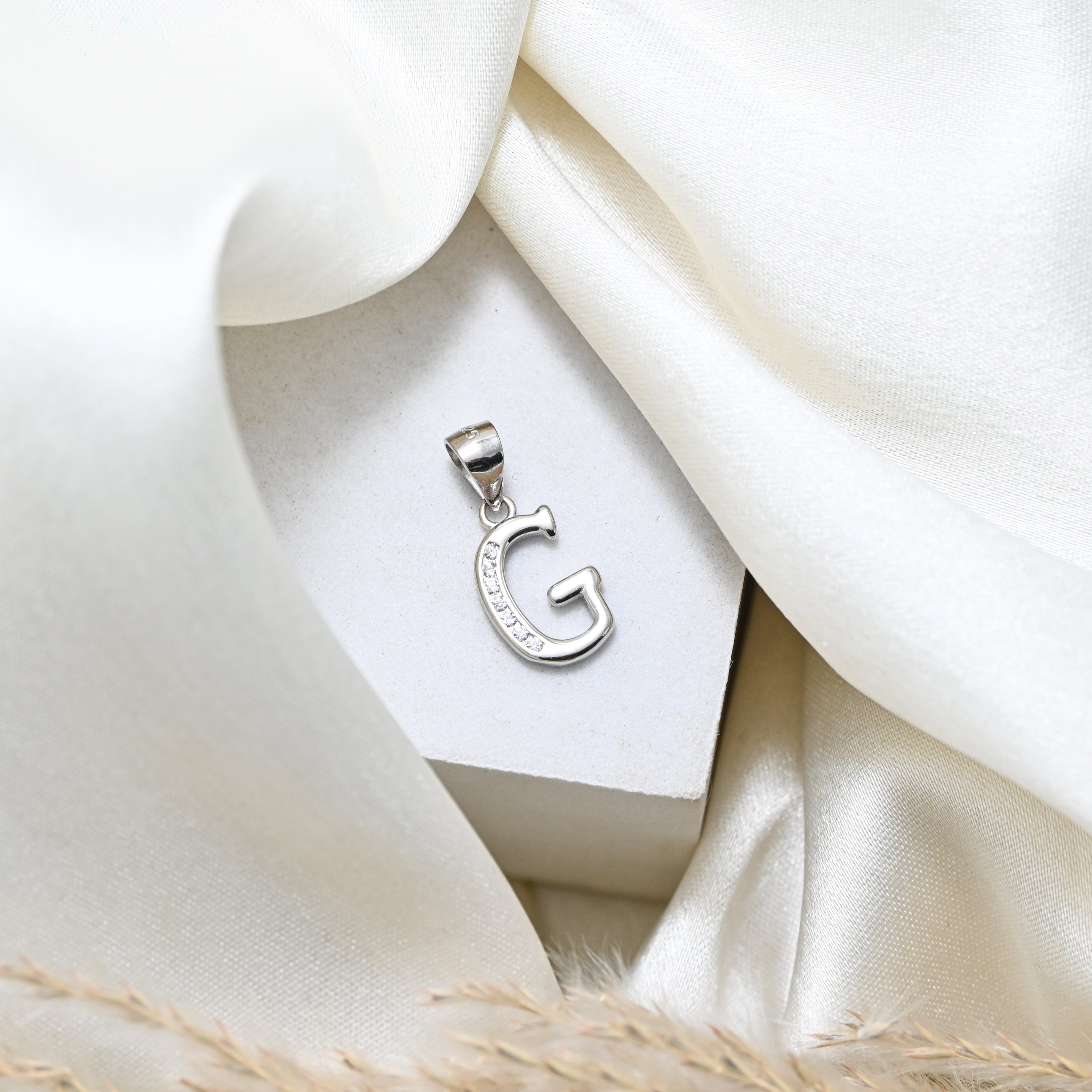 Sterling Silver G Letter Necklace with Round Brilliant Cubic Zirconia, Rhodium Finish