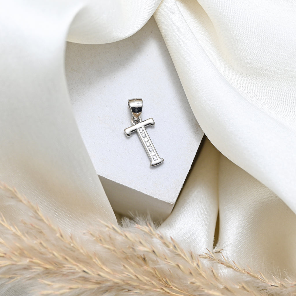925 Sterling Silver T Letter Necklace CZ Initial Pendant Rhodium Finish