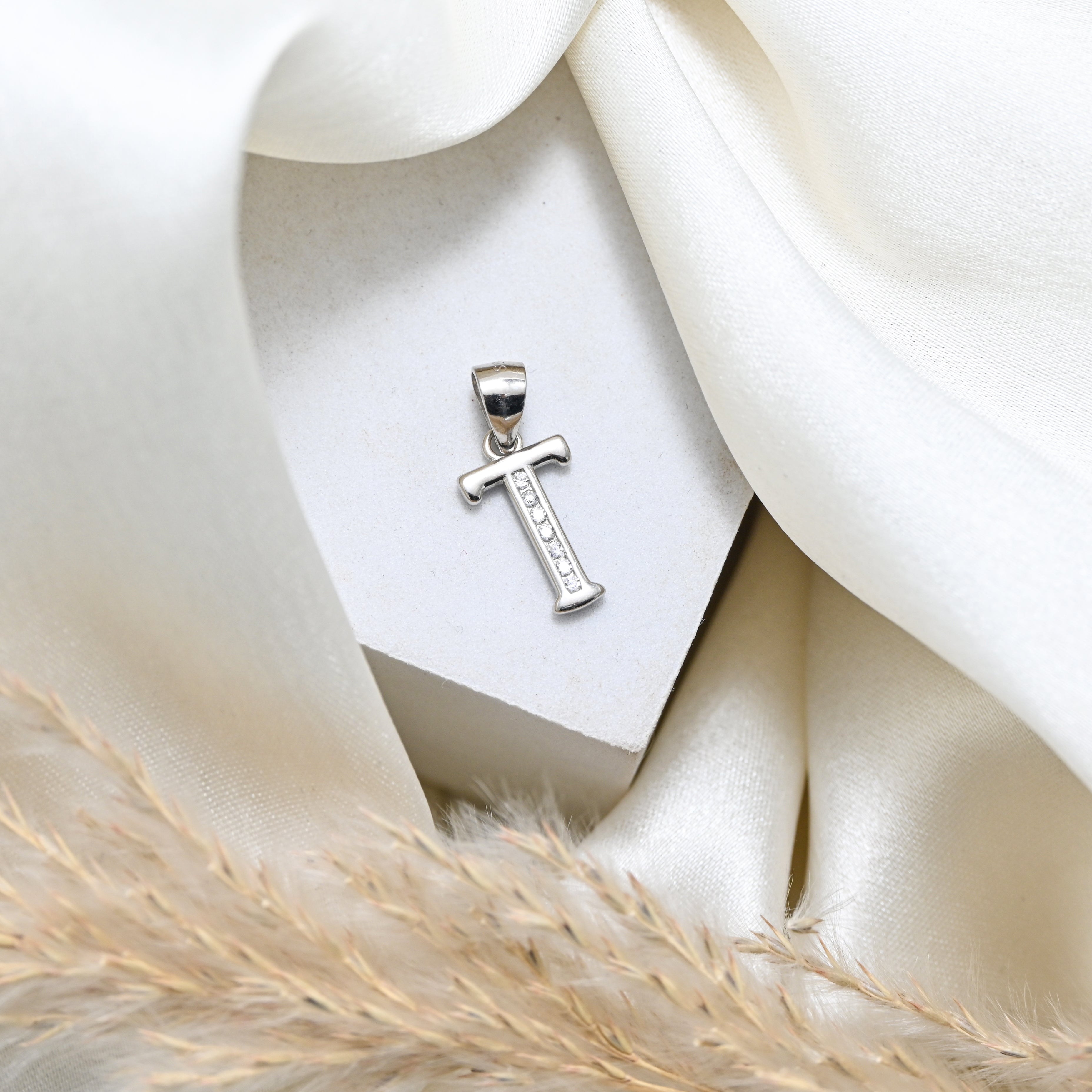 925 Sterling Silver T Letter Necklace CZ Initial Pendant Rhodium Finish