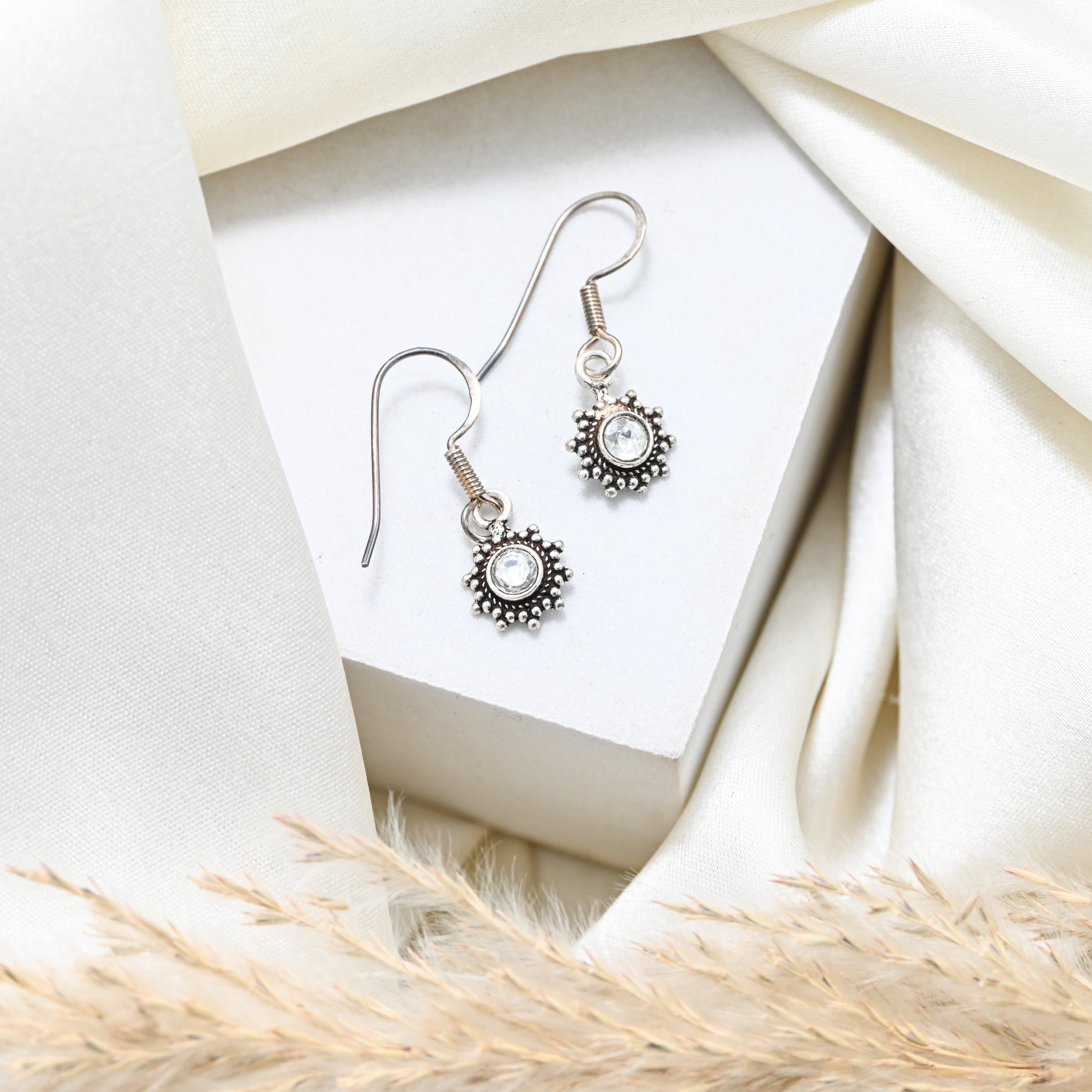 925 Sterling Silver Oxidised Cubic Zirconia Round Brilliant Earrings Small Dangle