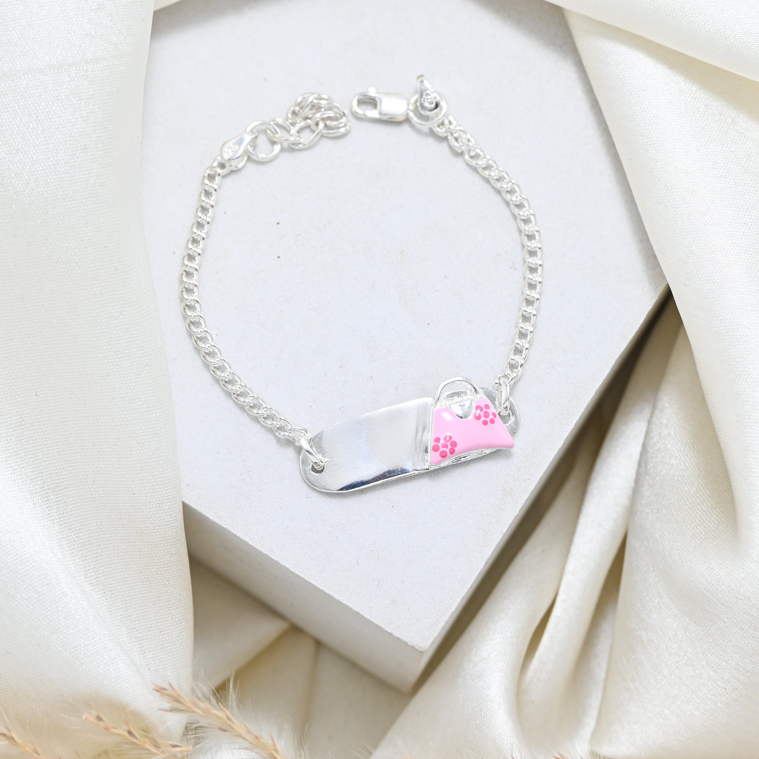 Cute Baby Girl Pink Bracelet in 925 Sterling Silver Adjustable Chain