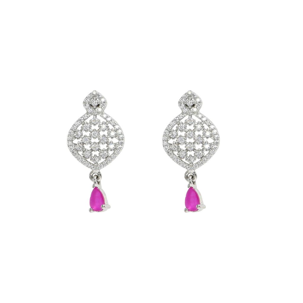 Sparkling Pink Cubic Zirconia Jewelry Set, Silver Necklace & Earrings Combo