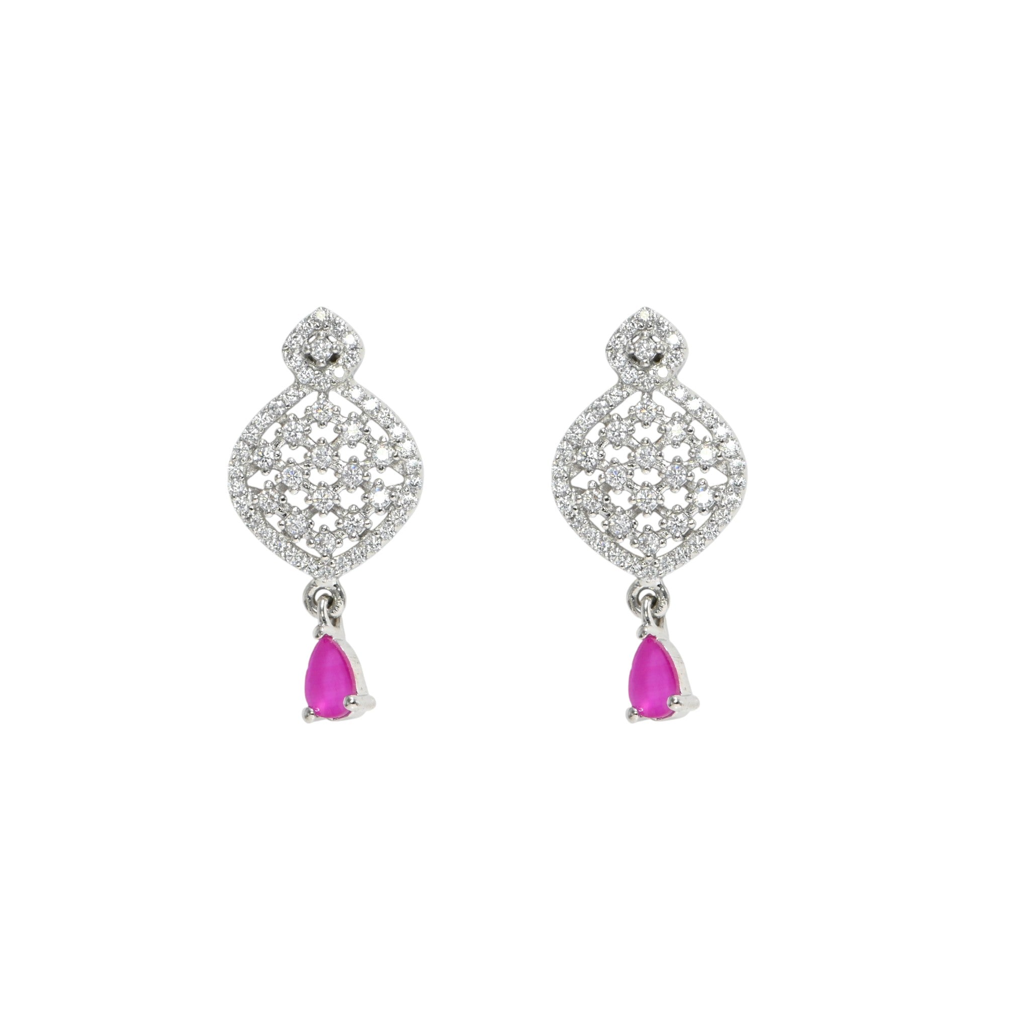 Sparkling Pink Cubic Zirconia Jewelry Set, Silver Necklace & Earrings Combo