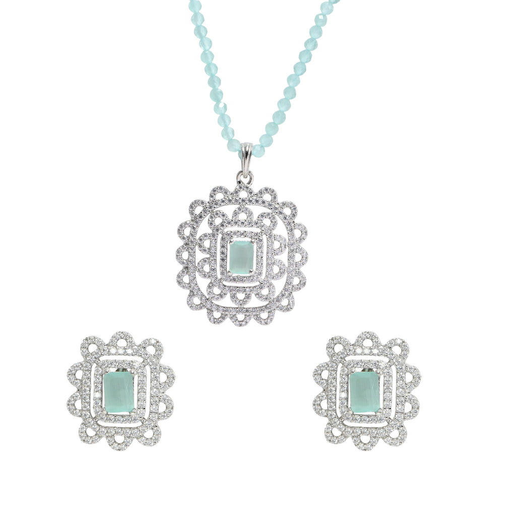 925 Sterling Silver Round Brilliant Cubic Zirconia Beaded Pendant & Earring Set