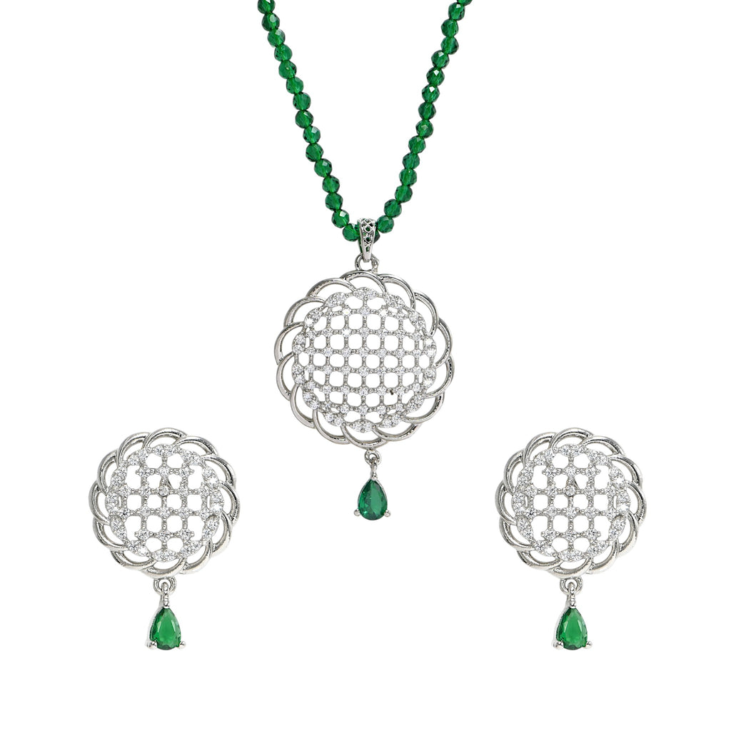 Elegant Green CZ Pendant with Earrings, 925 Silver Anniversary Gift Set