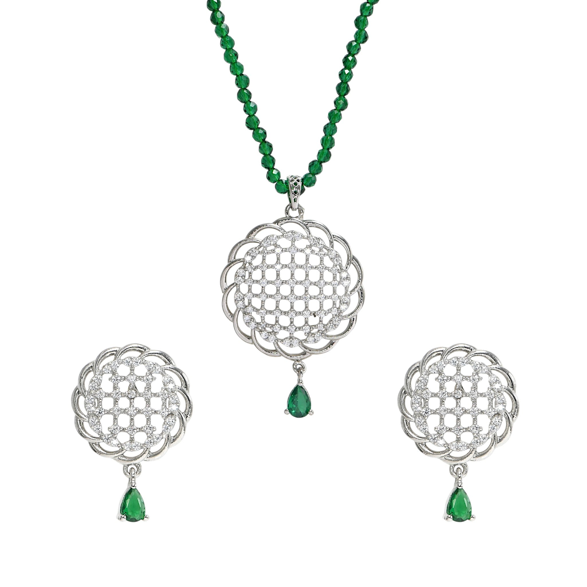 Elegant Green CZ Pendant with Earrings, 925 Silver Anniversary Gift Set
