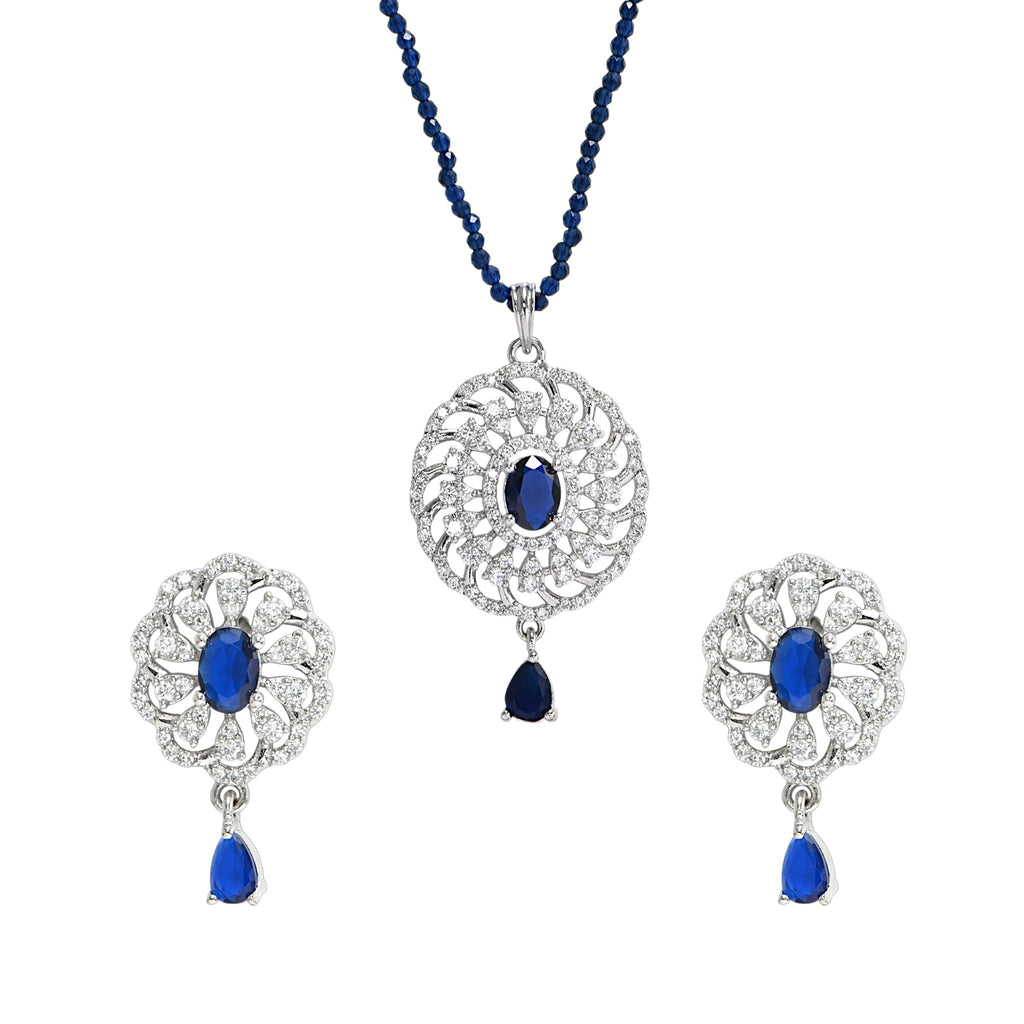 Elegant Blue CZ Necklace & Earring Set in 925 Sterling Silver – Rhodium Plated