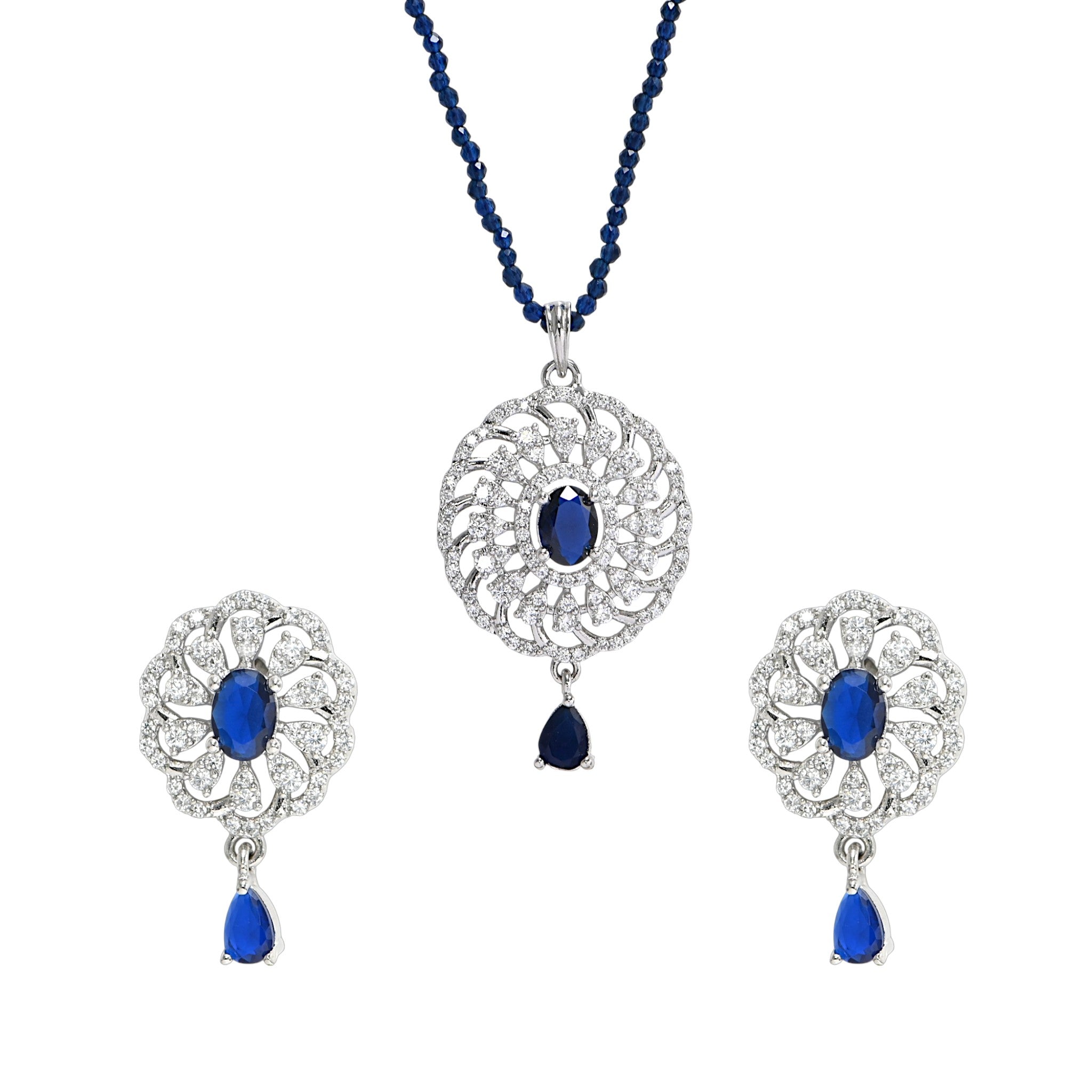 Elegant Blue CZ Necklace & Earring Set in 925 Sterling Silver – Rhodium Plated