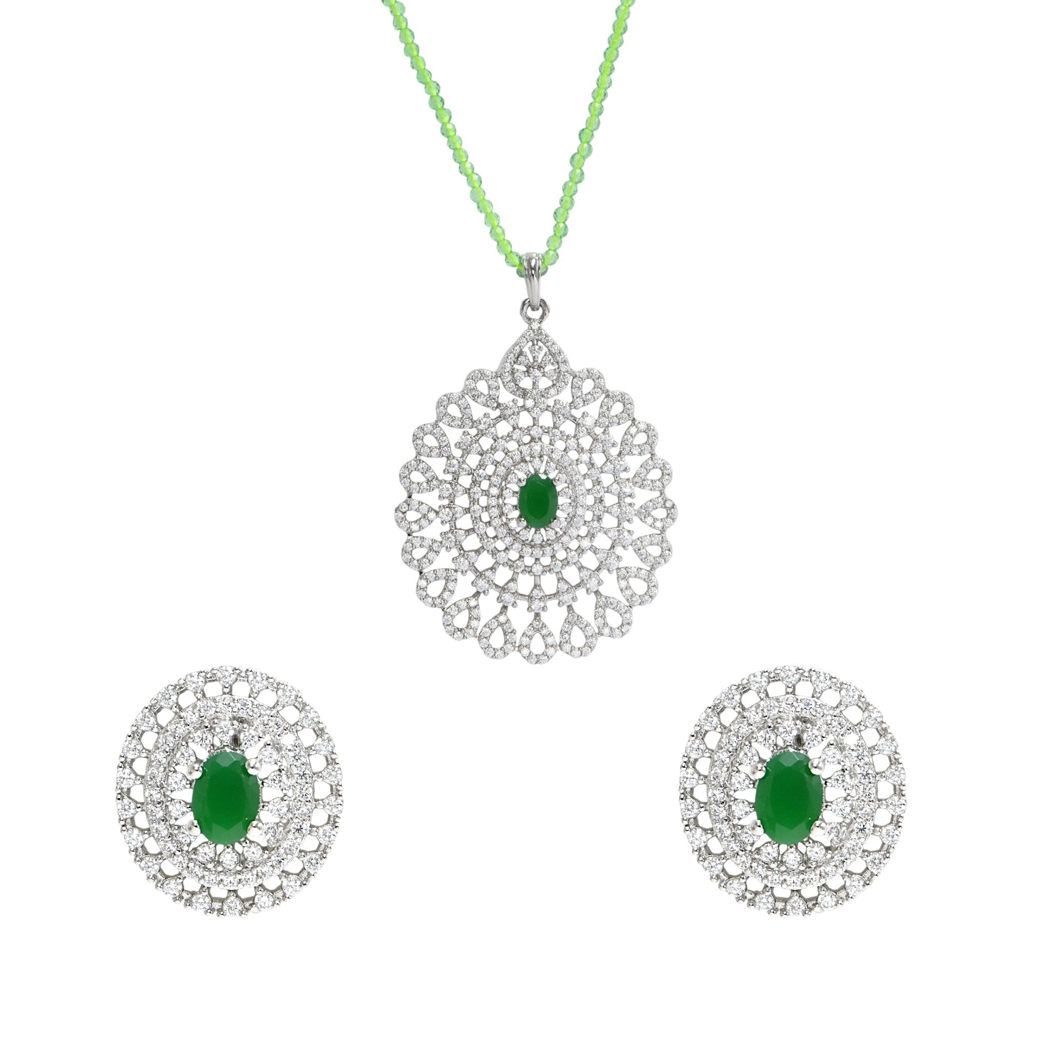 Minimalist Green CZ Pendant & Earring Set, 925 Sterling Silver Daily Wear Jewelry