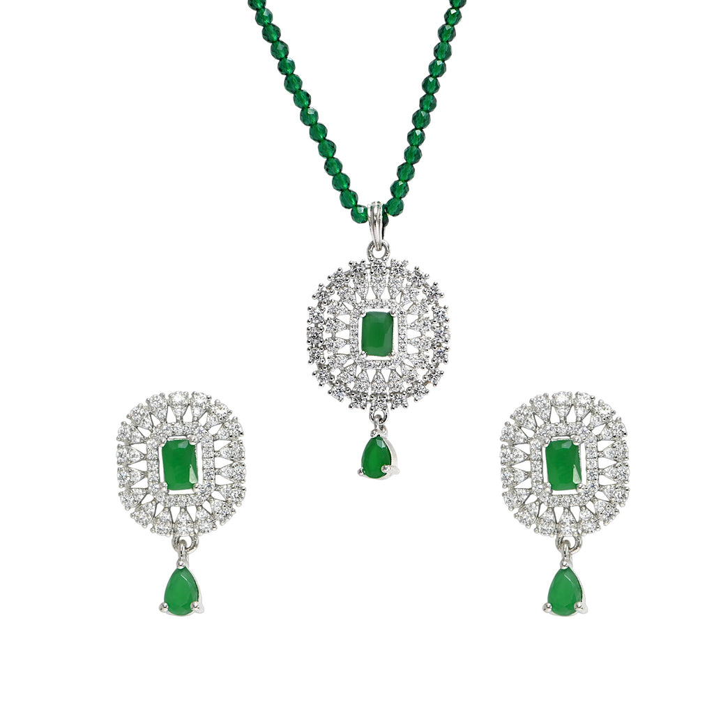 Vintage Style 925 Sterling Silver Green Cubic Zirconia Pendant Set