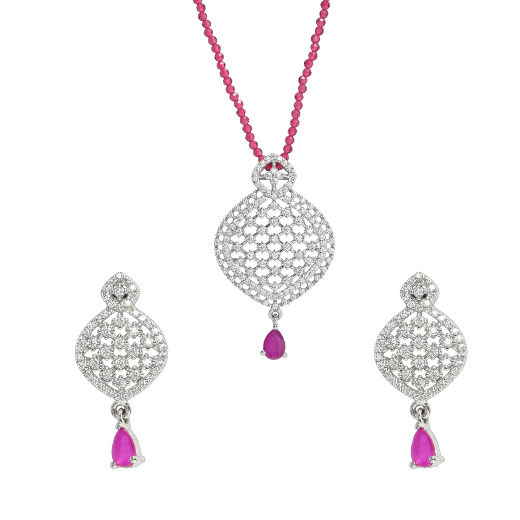 Sparkling Pink Cubic Zirconia Jewelry Set, Silver Necklace & Earrings Combo