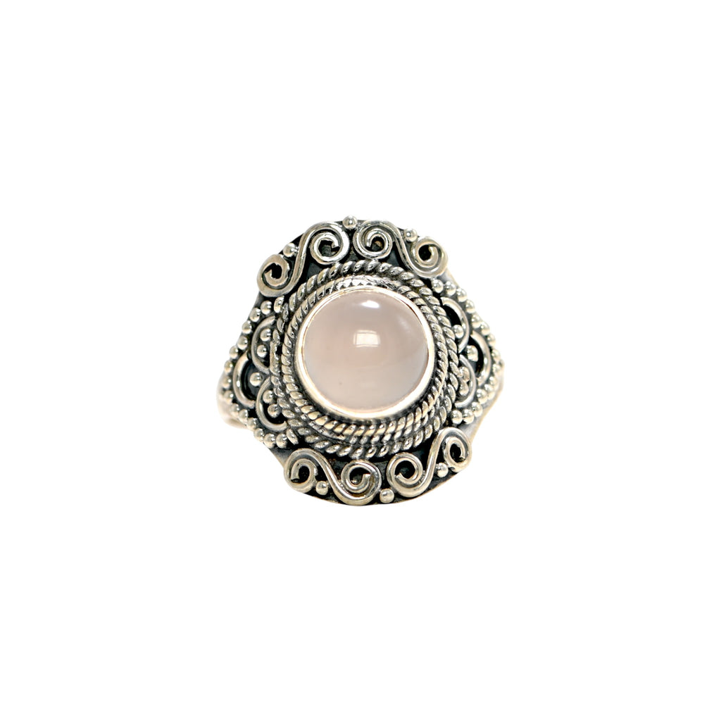 925 Sterling Silver Round Rose Quartz Ring – Brilliant Cut with Oxidised Turkish Finish