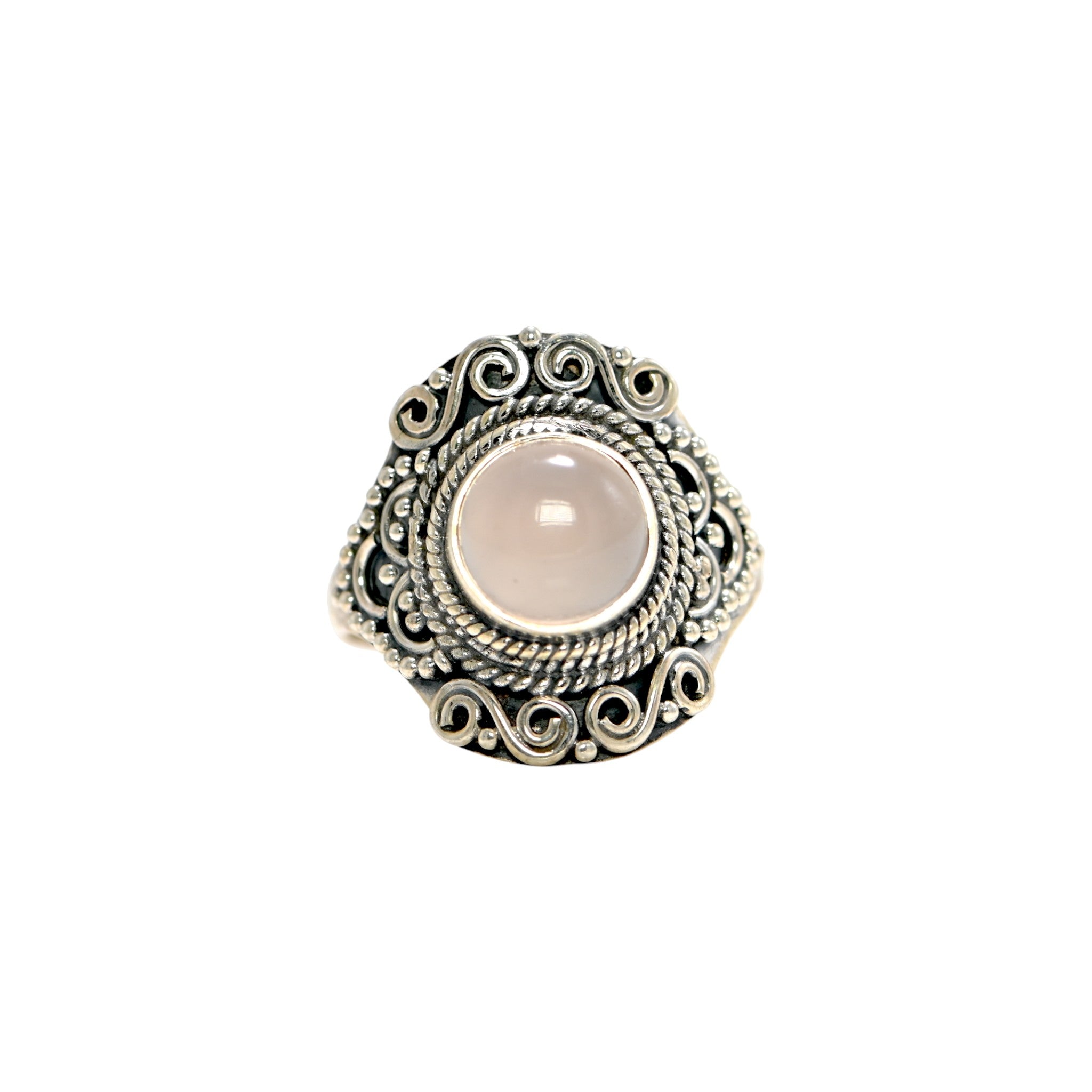 925 Sterling Silver Round Rose Quartz Ring – Brilliant Cut with Oxidised Turkish Finish