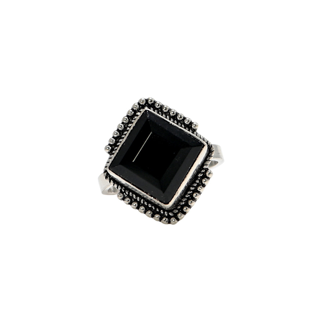 925 Sterling Silver Black Onyx Ring, Square Brilliant Cut