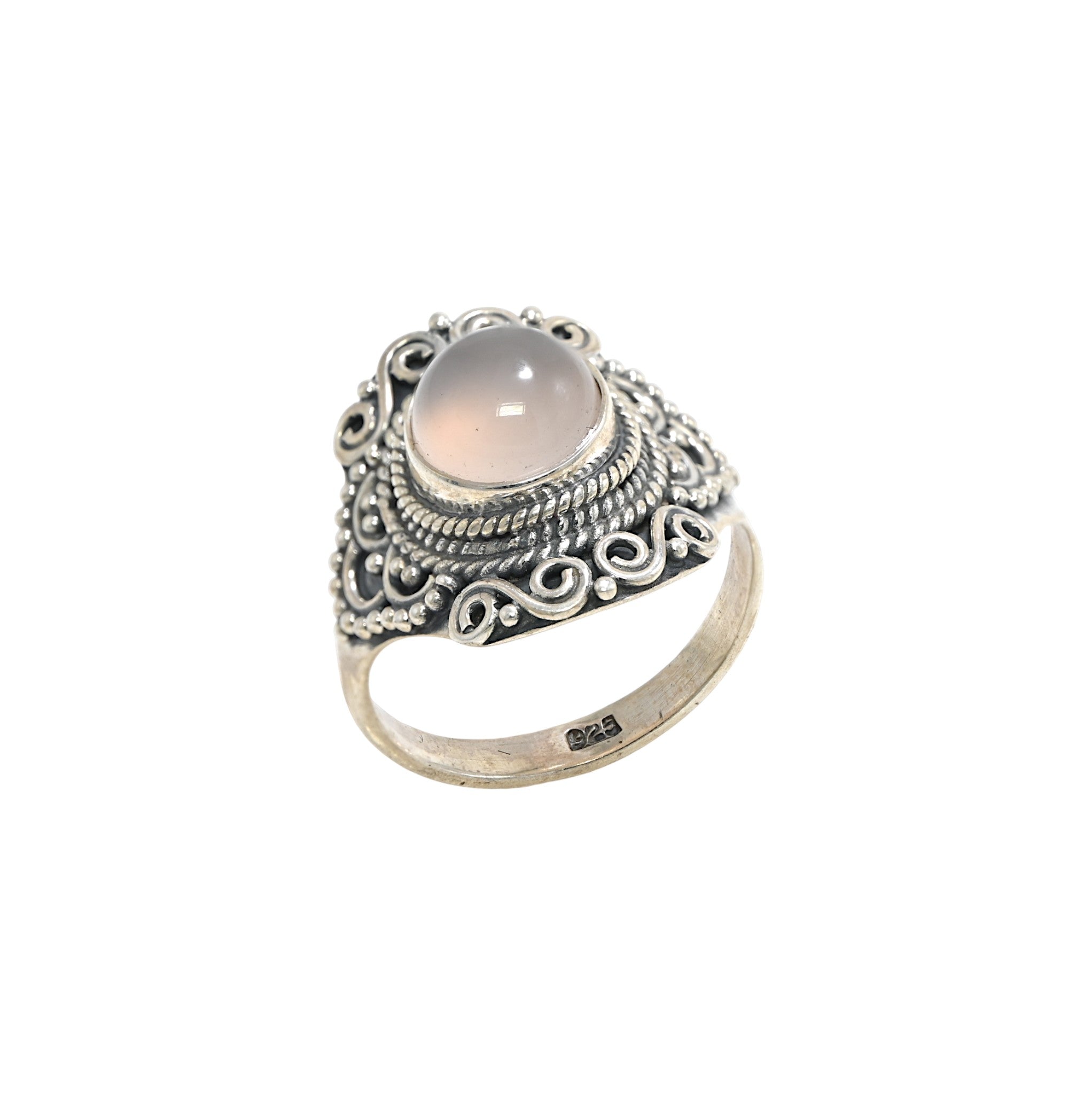 925 Sterling Silver Round Rose Quartz Ring – Brilliant Cut with Oxidised Turkish Finish