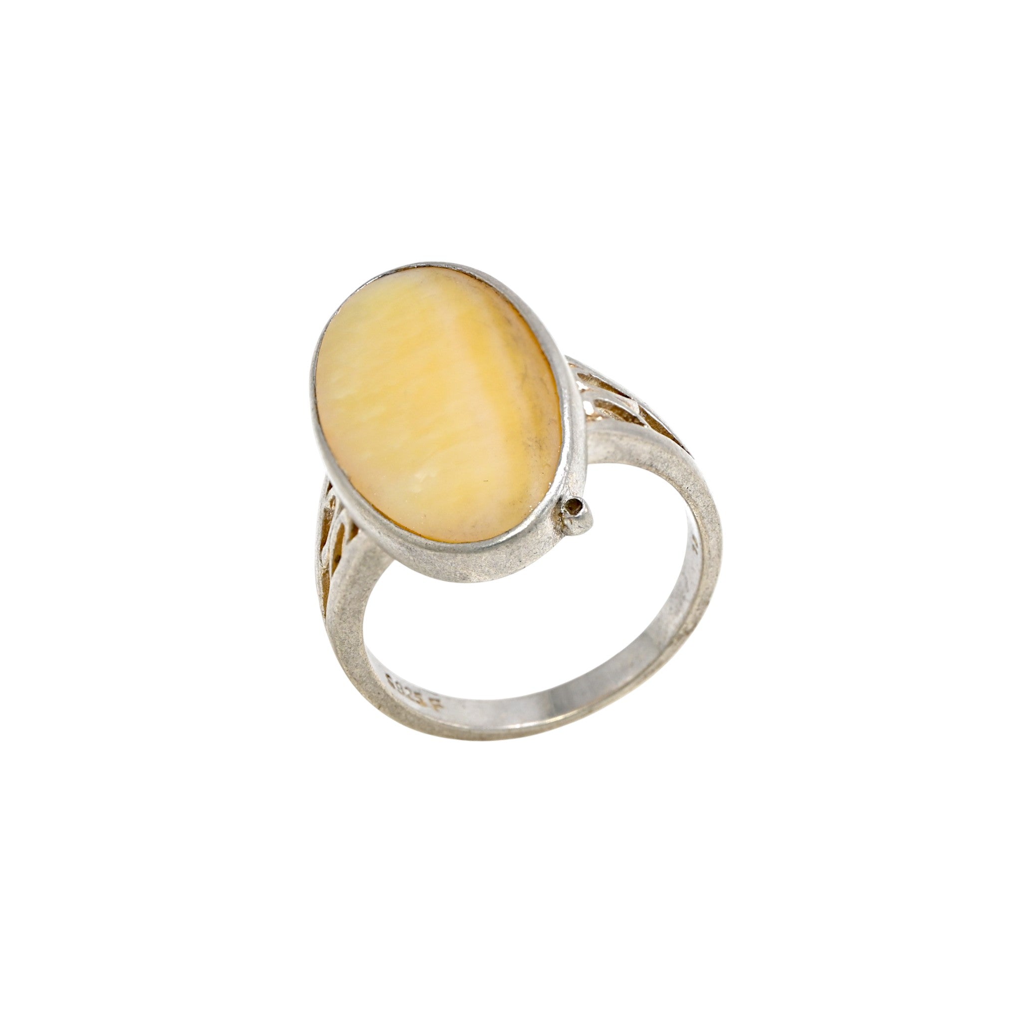 925 Sterling Silver White Baltic Amber Ring, Oval Brilliant Cut