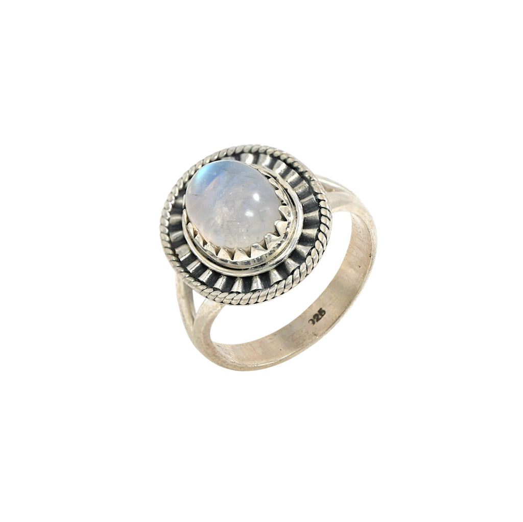 925 Sterling Silver Rainbow Moonstone Oxidised Turkish Finish Antique Style Ring