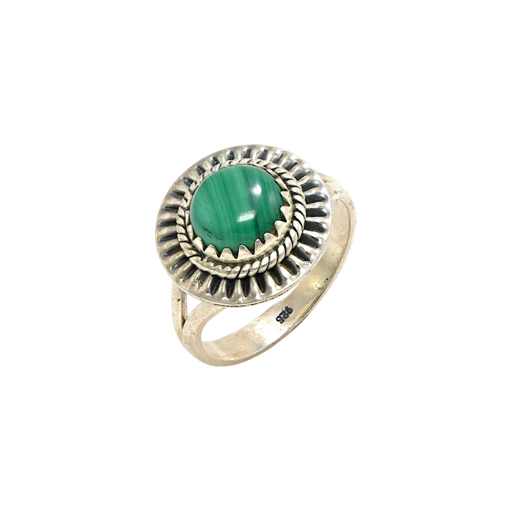 925 Sterling Silver Green Malachite Ring, Round Brilliant Cut