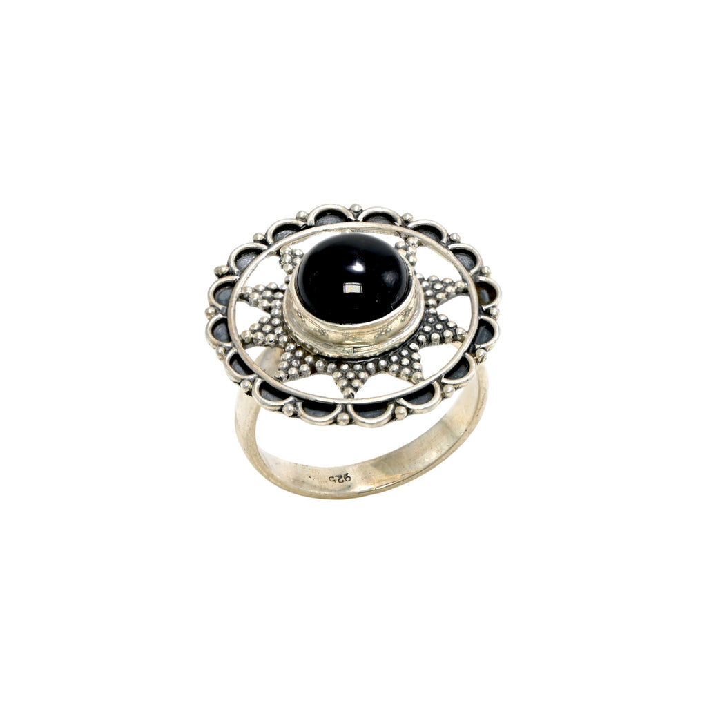 925 Sterling Silver Round Black Onyx Ring – Brilliant Cut with Oxidised Turkish Finish
