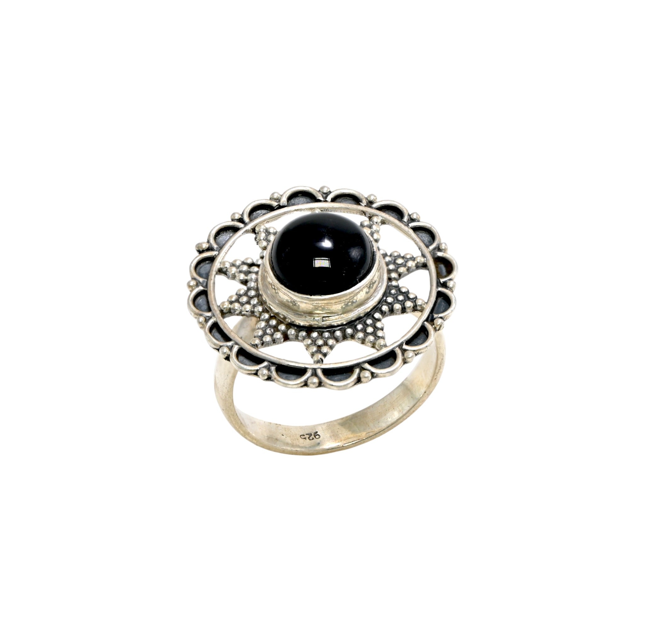 925 Sterling Silver Round Black Onyx Ring – Brilliant Cut with Oxidised Turkish Finish