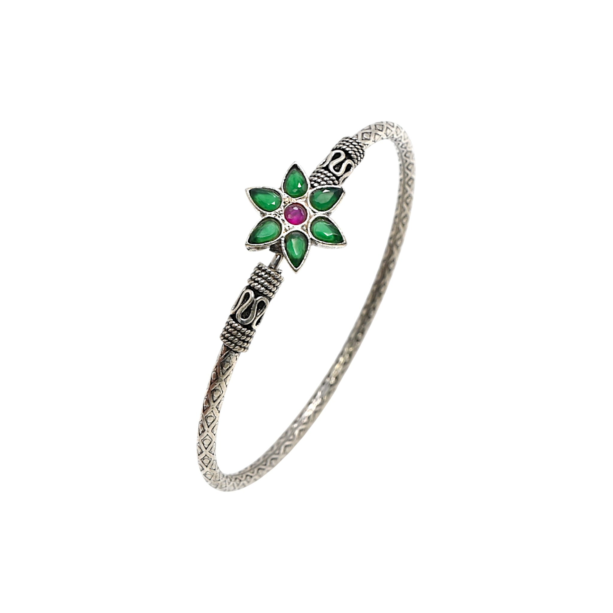 Traditional Turkish Oxidised 925 Silver Bracelet with Round Brilliant CZ & Red Garnet