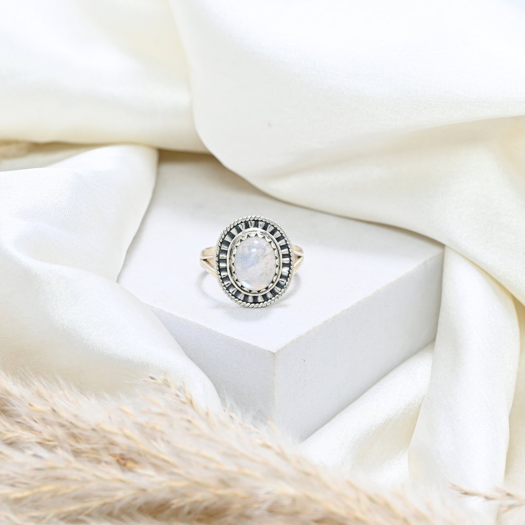 925 Sterling Silver Rainbow Moonstone Oxidised Turkish Finish Antique Style Ring