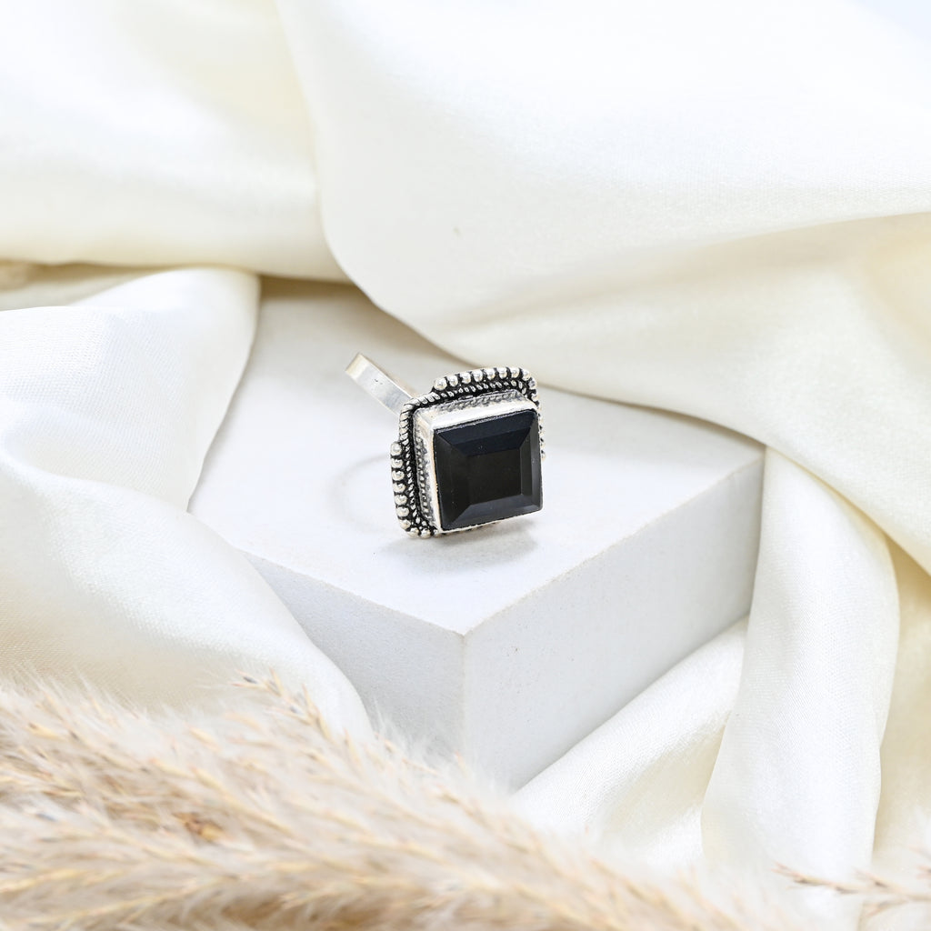 925 Sterling Silver Black Onyx Ring, Square Brilliant Cut