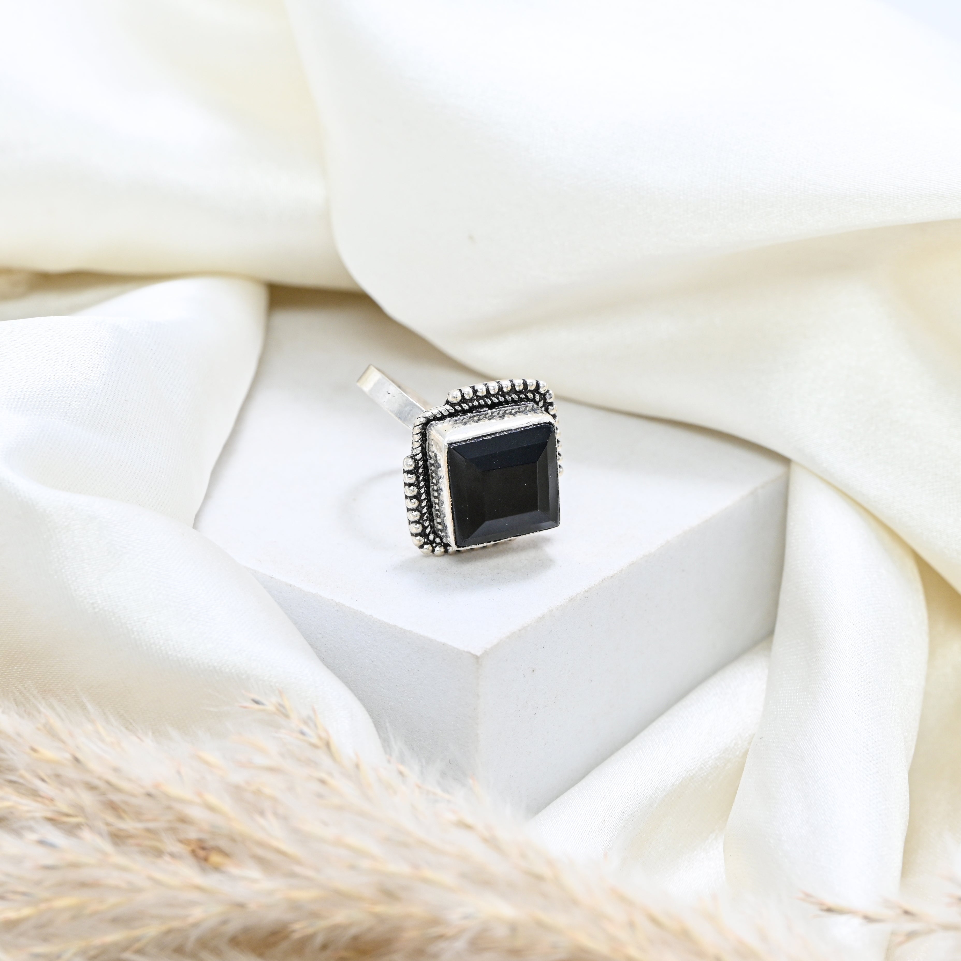 925 Sterling Silver Black Onyx Ring, Square Brilliant Cut