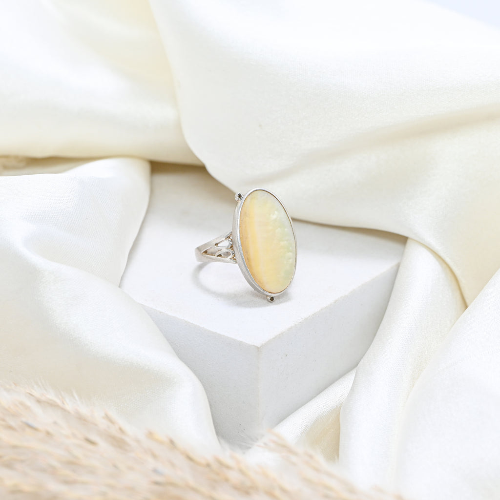 925 Sterling Silver White Baltic Amber Ring, Oval Brilliant Cut