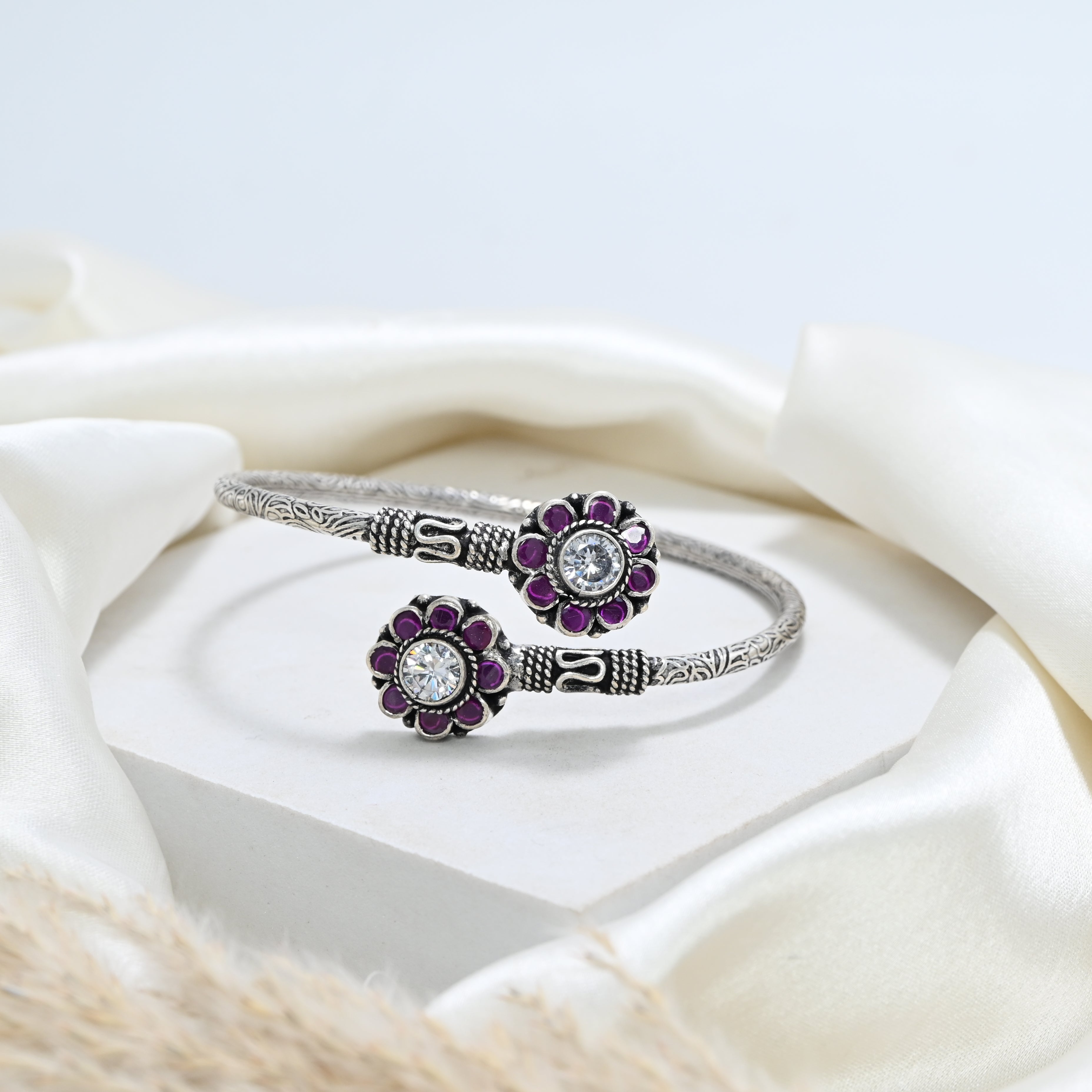 925 Sterling Silver Cubic Zirconia & Red Garnet Bracelet Round Bracelet