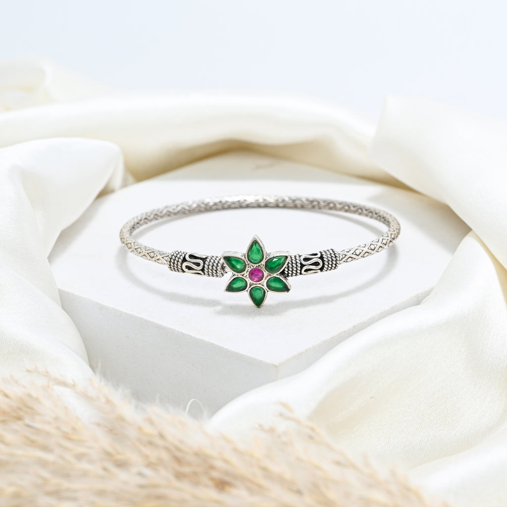 Traditional Turkish Oxidised 925 Silver Bracelet with Round Brilliant CZ & Red Garnet