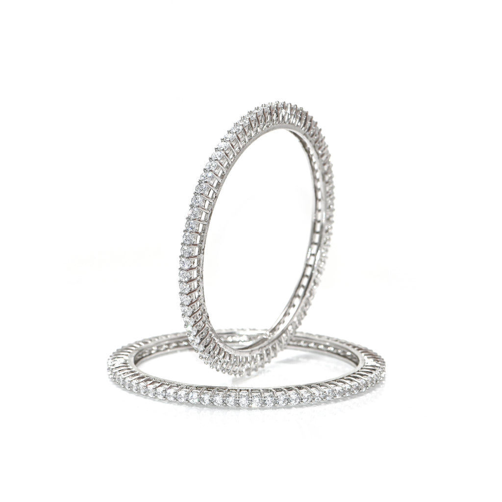 925 Sterling Silver Cubic Zirconia Bangle – Sparkling Round Brilliant, Rhodium Finish