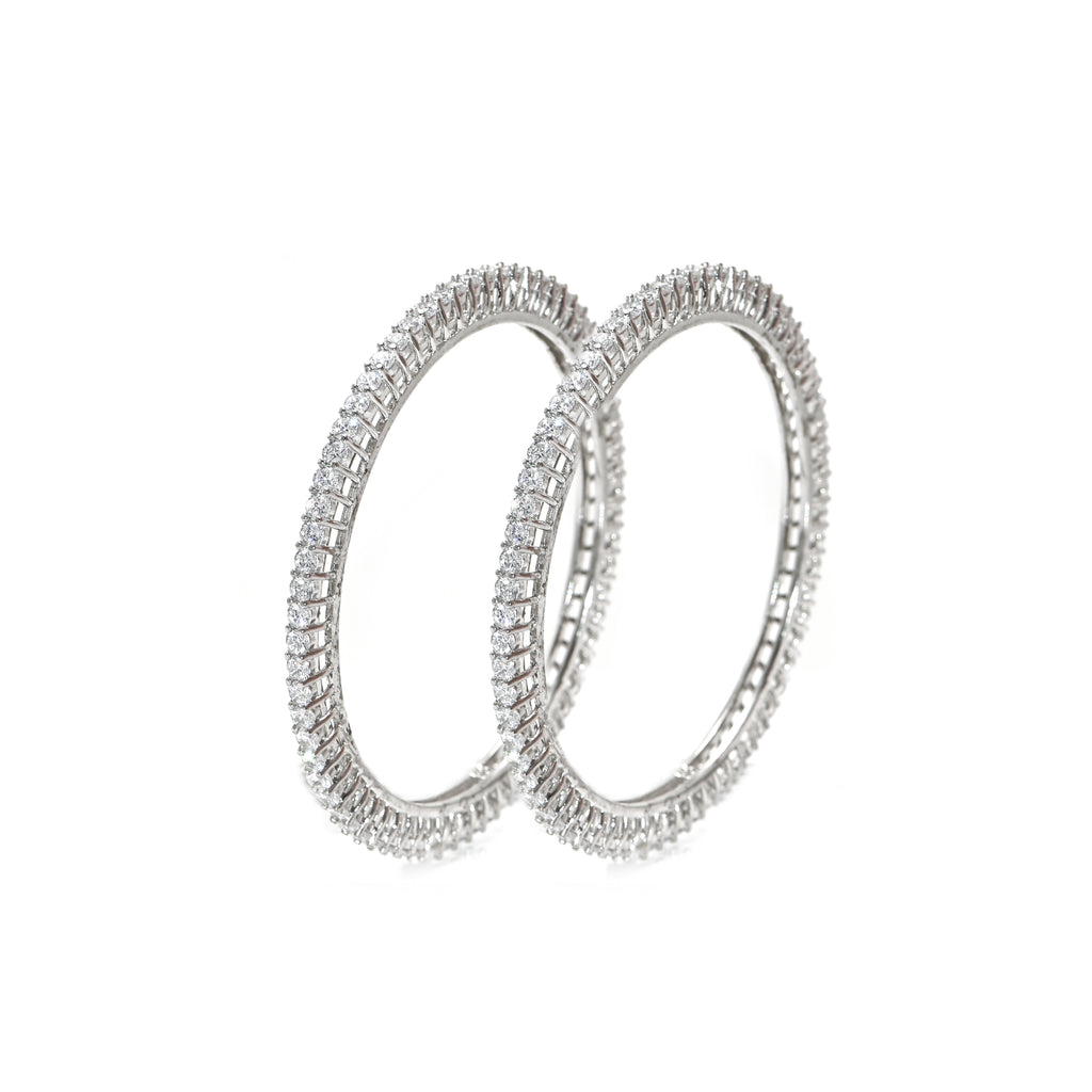 925 Sterling Silver Cubic Zirconia Bangle – Sparkling Round Brilliant, Rhodium Finish