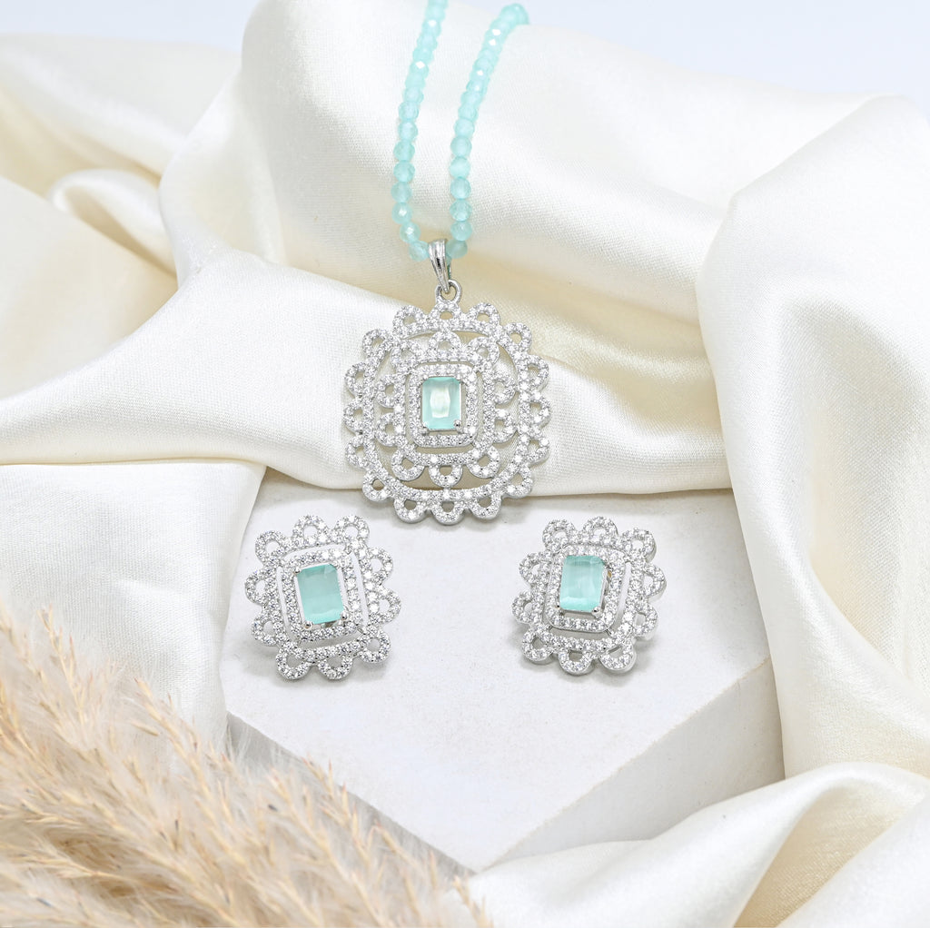 925 Sterling Silver Round Brilliant Cubic Zirconia Beaded Pendant & Earring Set