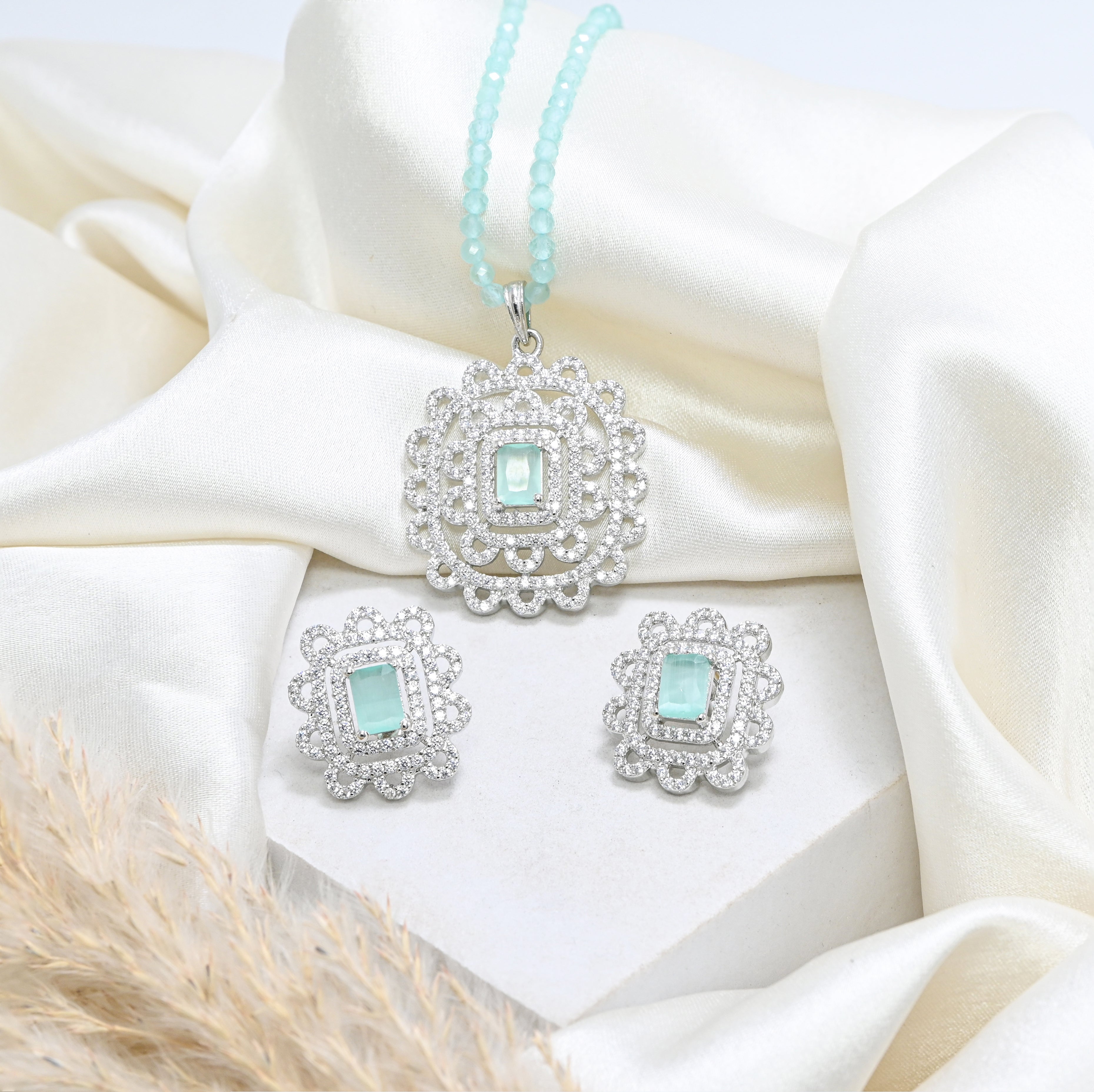 925 Sterling Silver Round Brilliant Cubic Zirconia Beaded Pendant & Earring Set