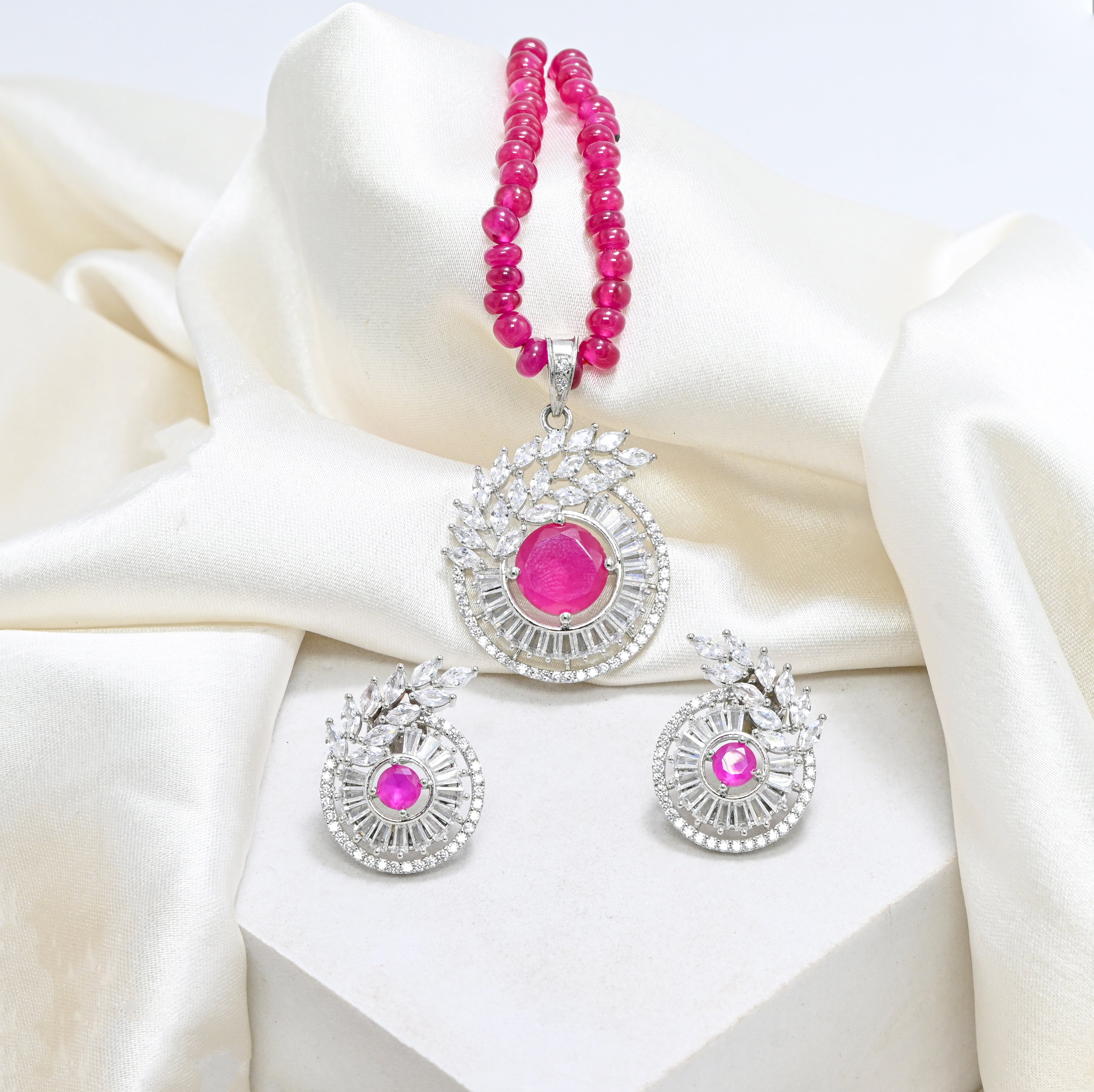 Handmade 925 Sterling Silver Pink CZ Jewelry Set, Wedding & Party Wear
