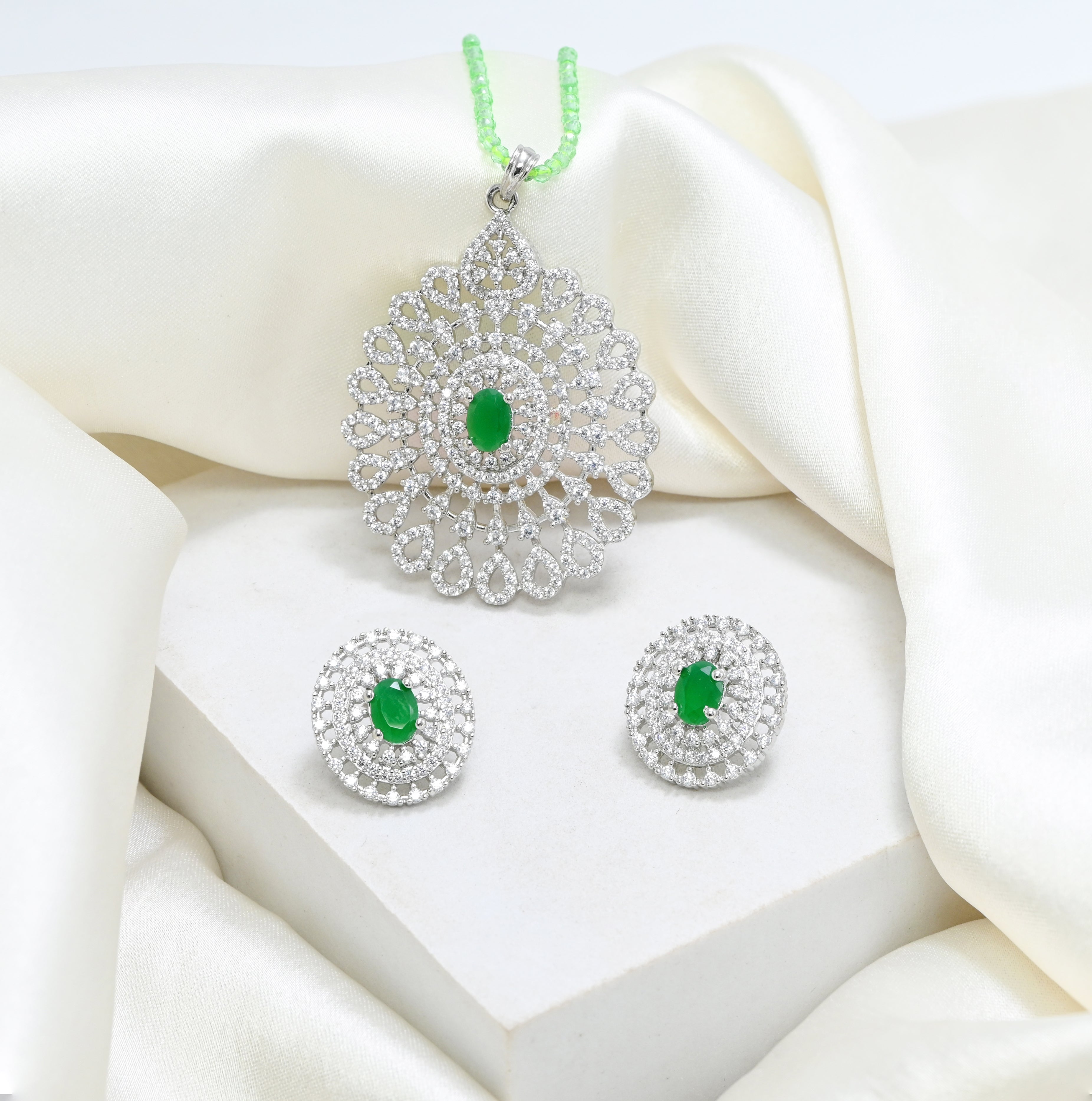 Minimalist Green CZ Pendant & Earring Set, 925 Sterling Silver Daily Wear Jewelry