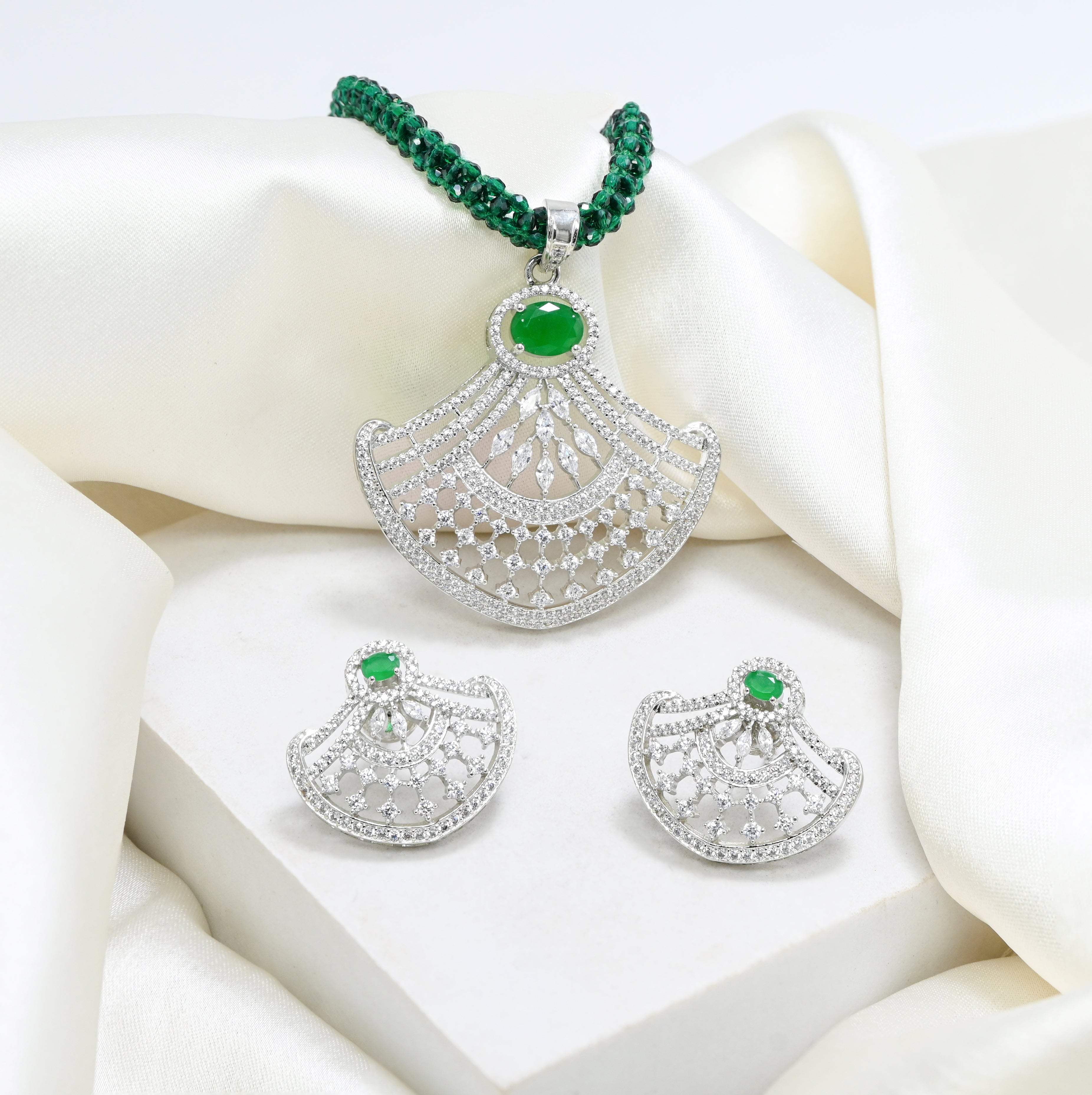 Classic Green CZ Jewelry Set in 925 Sterling Silver, Gift for Wife / Girlfriend