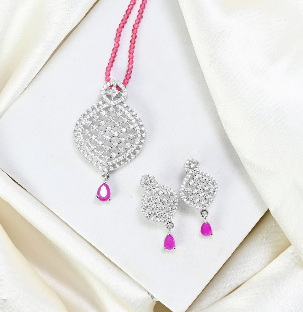 Sparkling Pink Cubic Zirconia Jewelry Set, Silver Necklace & Earrings Combo